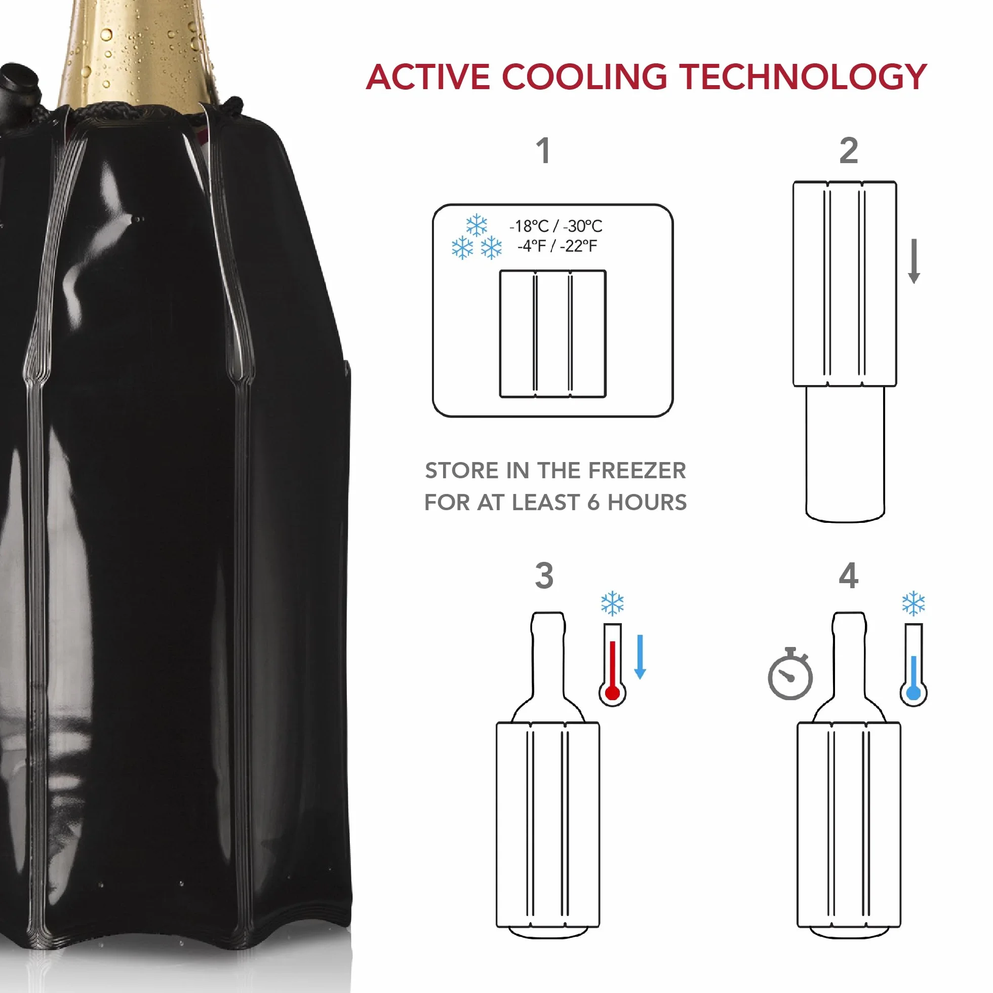 Vacu Vin Enfriador de Champagne Flexible - Funda Reutilizable Negra para Enfriamiento de Botellas de Champagne Estándar
