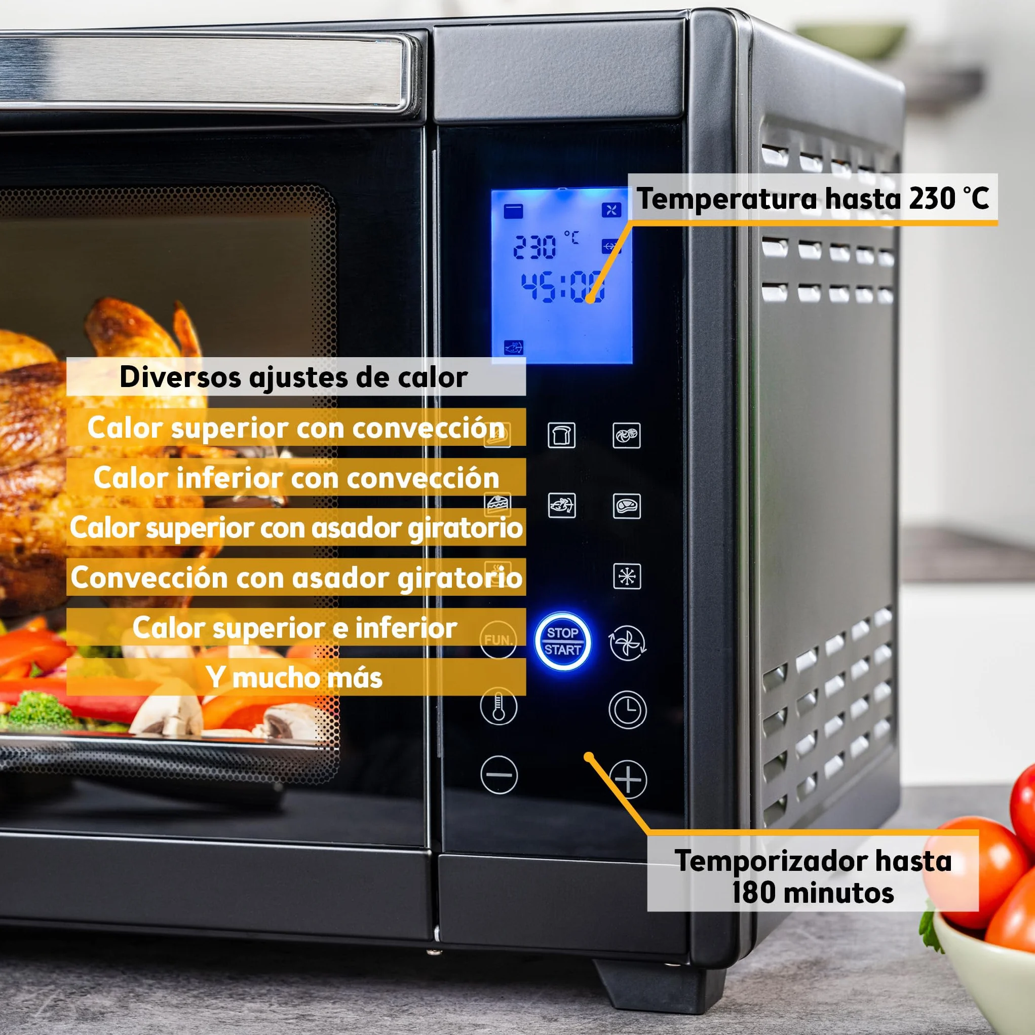 TZS First Austria Mini Horno 45L 2000W con Premium-X Coating – Minihorno Digital hasta 230°C & 4 Alturas – Temporizador de 180 Min & 8 Modos – Incl. Asador Giratorio – Para cocinas pequeñas & camping