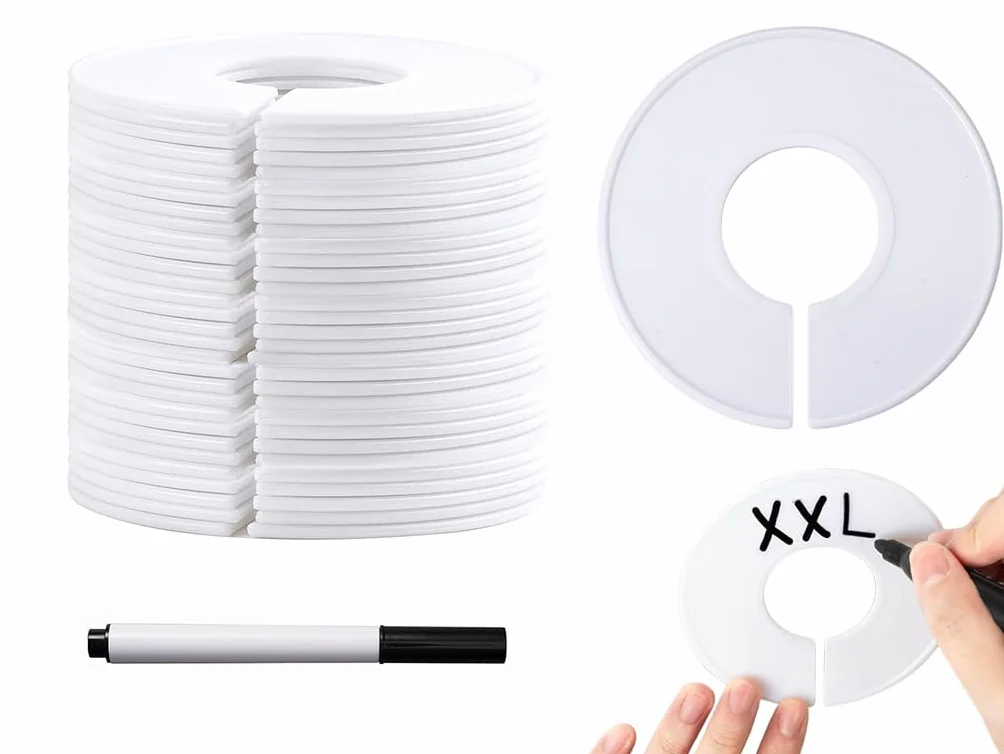 Anlising Separadores Tamaño de Ropa, 40PCS Divisores de Perchas Redondas con 1 Marcador, Separadores de Perchas, Blancas Divisores de Tamaño de Ropa, para Armarios, Almacén