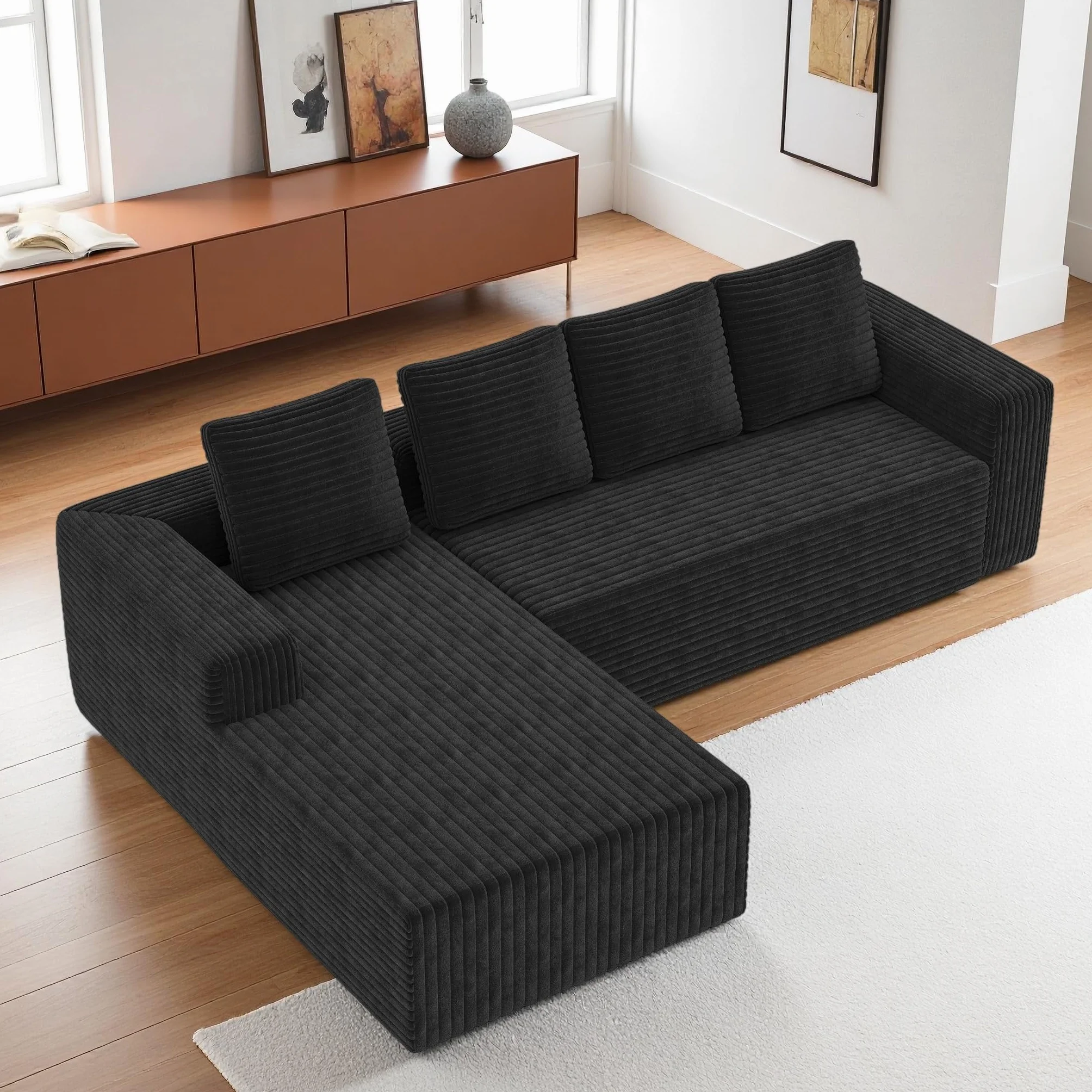 Sapgaks Sofá esquinero, sofá de 4 plazas, sofá de 3 plazas, sofá modular comprimido con chaise longue en forma de L, no requiere montaje (más pana negro)