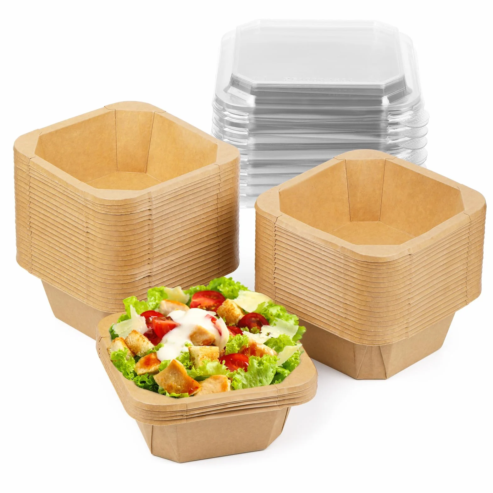 Paquete de 50 recipientes desechables de papel para ensalada de 25 onzas, recipientes desechables octogonales con tapas transparentes, cuencos de ensalada de papel con tapa adecuados para ensalada de