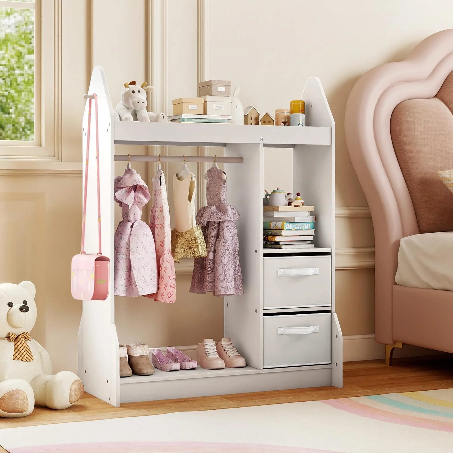 FANTASK Armario Infantil con Cajones de Tela, Espejo y Perchero de Madera, 81 x 38 x 107 cm, Blanco
