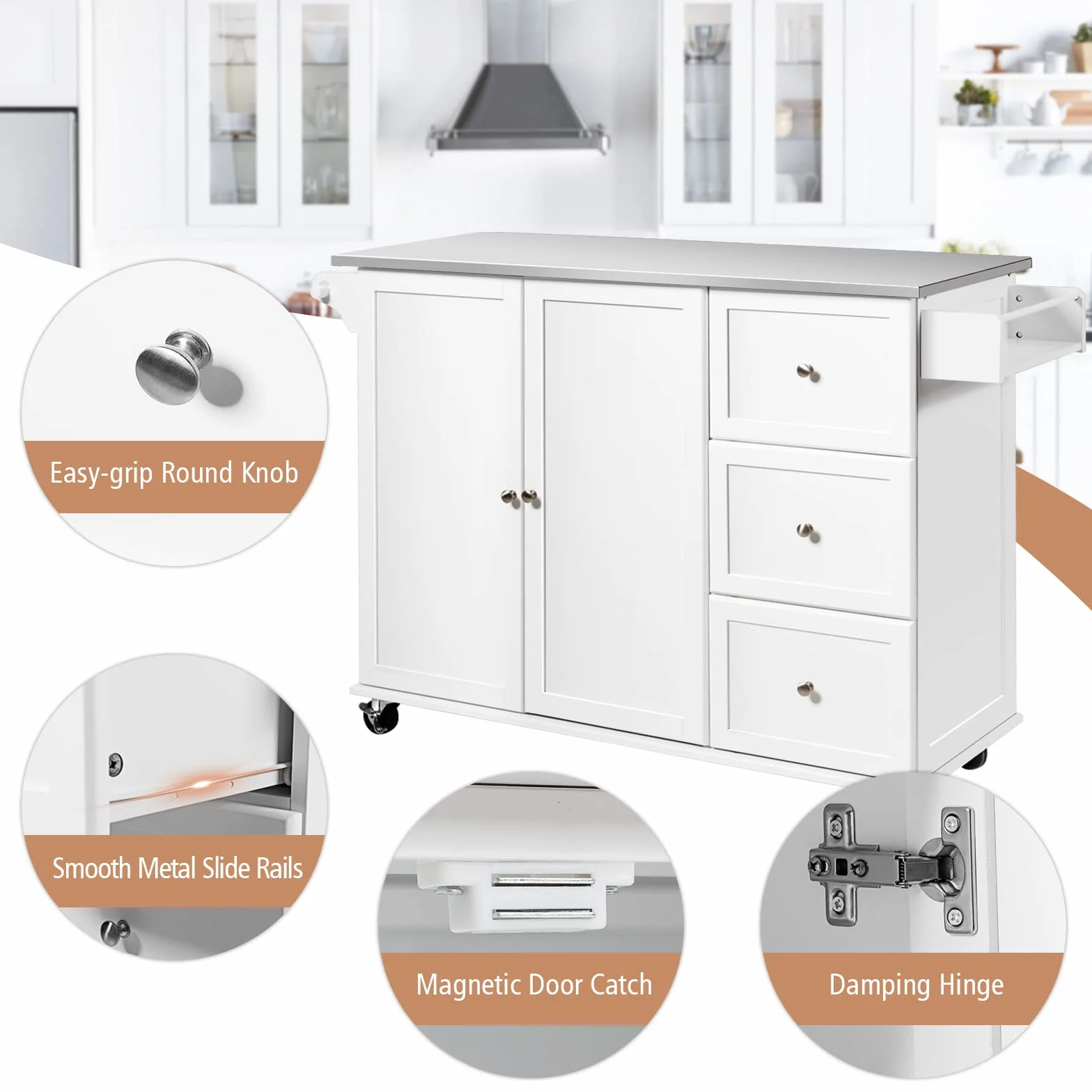 GIANTEX Carro de Cocina con 2 Puertas y 3 Cajones, Isla de Cocina con Ruedas y Tablero de Acero Inoxidable, Asa Lateral y Especiero, 135x45,5x91,5 cm, Mueble Auxiliar para Comedor (Blanco)