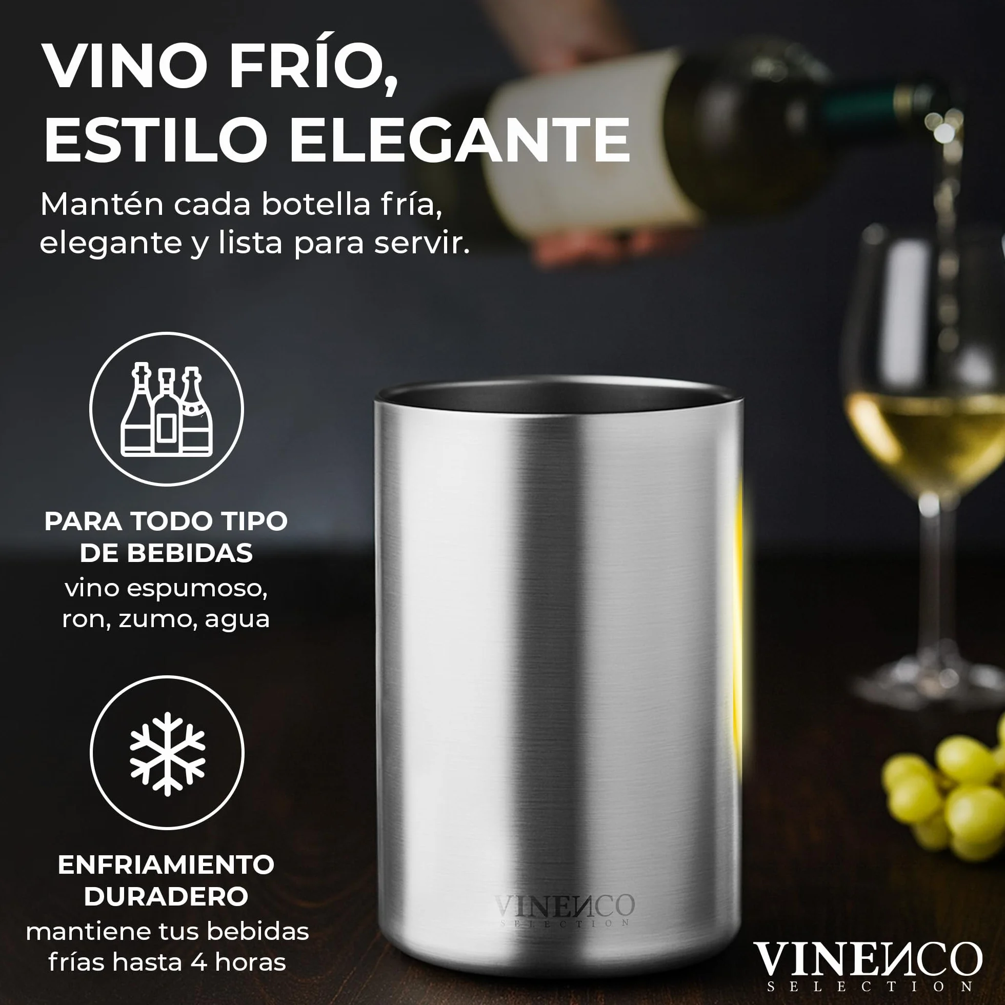 VINENCO Enfriador de Botellas de Vino Acero Inoxidable Doble Pared Aislado | Cubitera de Vino Champan y Bebidas | Set de Regalo para Hombres y Mujeres Accesorios de Vino Idea de Regalo Navidad