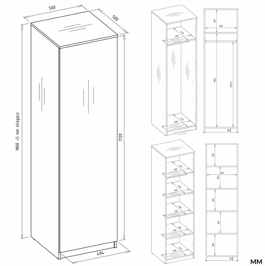 BDW SD-50 Armario, 50 x 50 x 180 cm, 4 estantes, barra para ropa Ideal para un dormitorio, pasillo, habitación infantil o oficina | Perchero, guardarropa (Blanco)