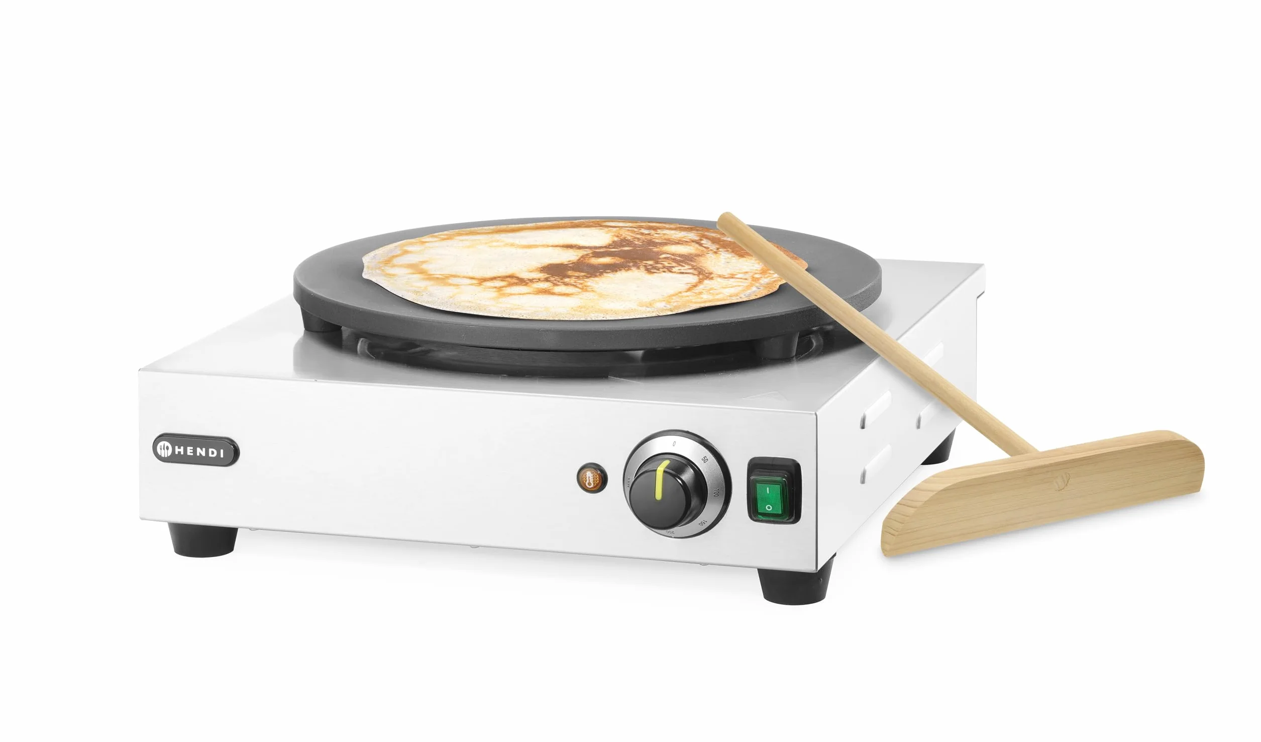HENDI Crepera eléctrica, con esparcidor de madera,temperatura regulable 50°-250°C, placa de diámetro400mm,de hierro fundido con revestimiento cerámico, 230V, 3000W, 470x509x(H)161mm,acero inoxidable