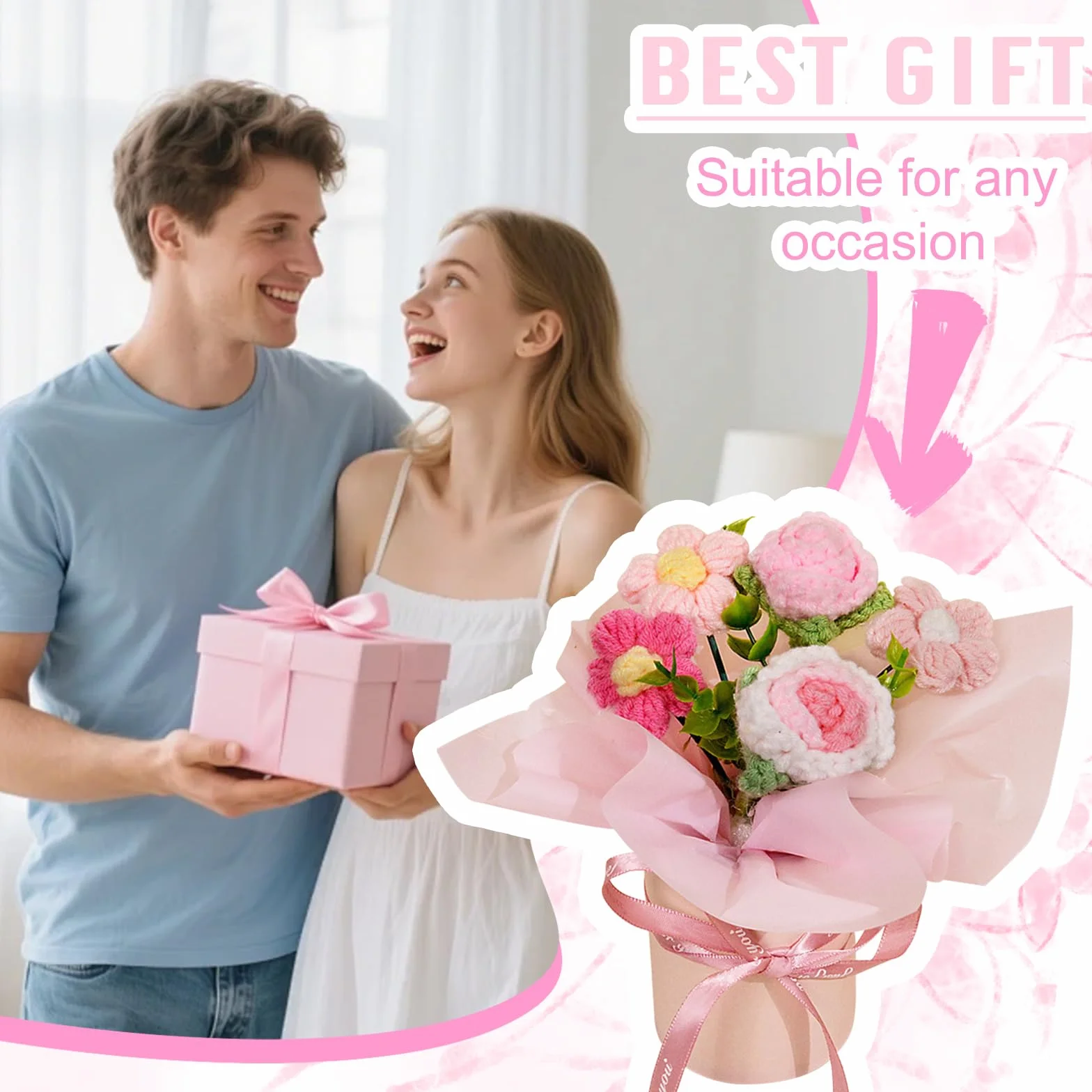 Ramo de Flores Ganchillo, Ramo de Flores de Punto Hecho a Mano, Flores Artificiales para cumpleaños, San Valentín, Regalos de Punto para Madre, Mujeres, Amigas