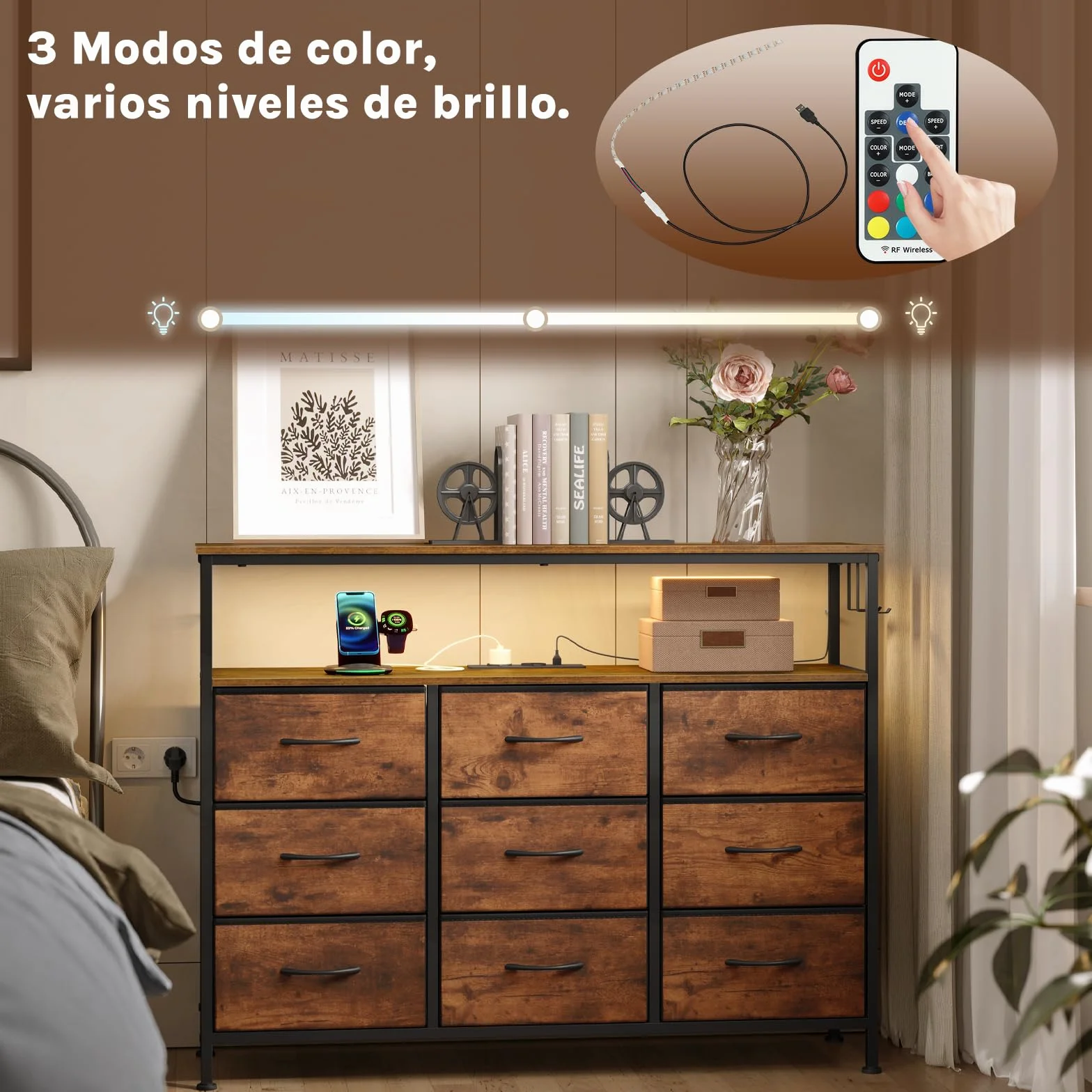 WOLTU Cómoda de 9 Cajones de Tela, Cómoda con Enchufes y Luz LED, 3 Ganchos, Cajonera de Almacenaje para Salon Oficina y Dormitorio, Marco de Metal, 110x30x83,5 cm, Marrón Rústico+Negro