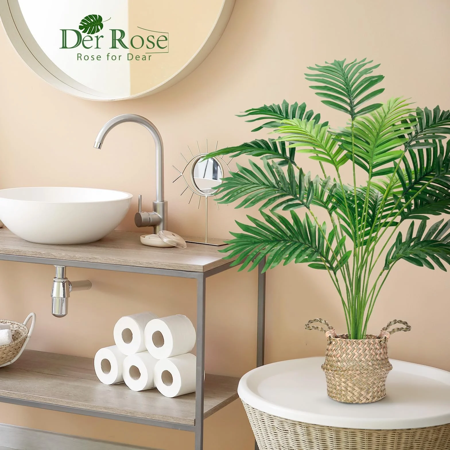 Der Rose Palmera falsa de 28 pulgadas, planta artificial en maceta alta con cesta tejida, decoración para interiores y exteriores
