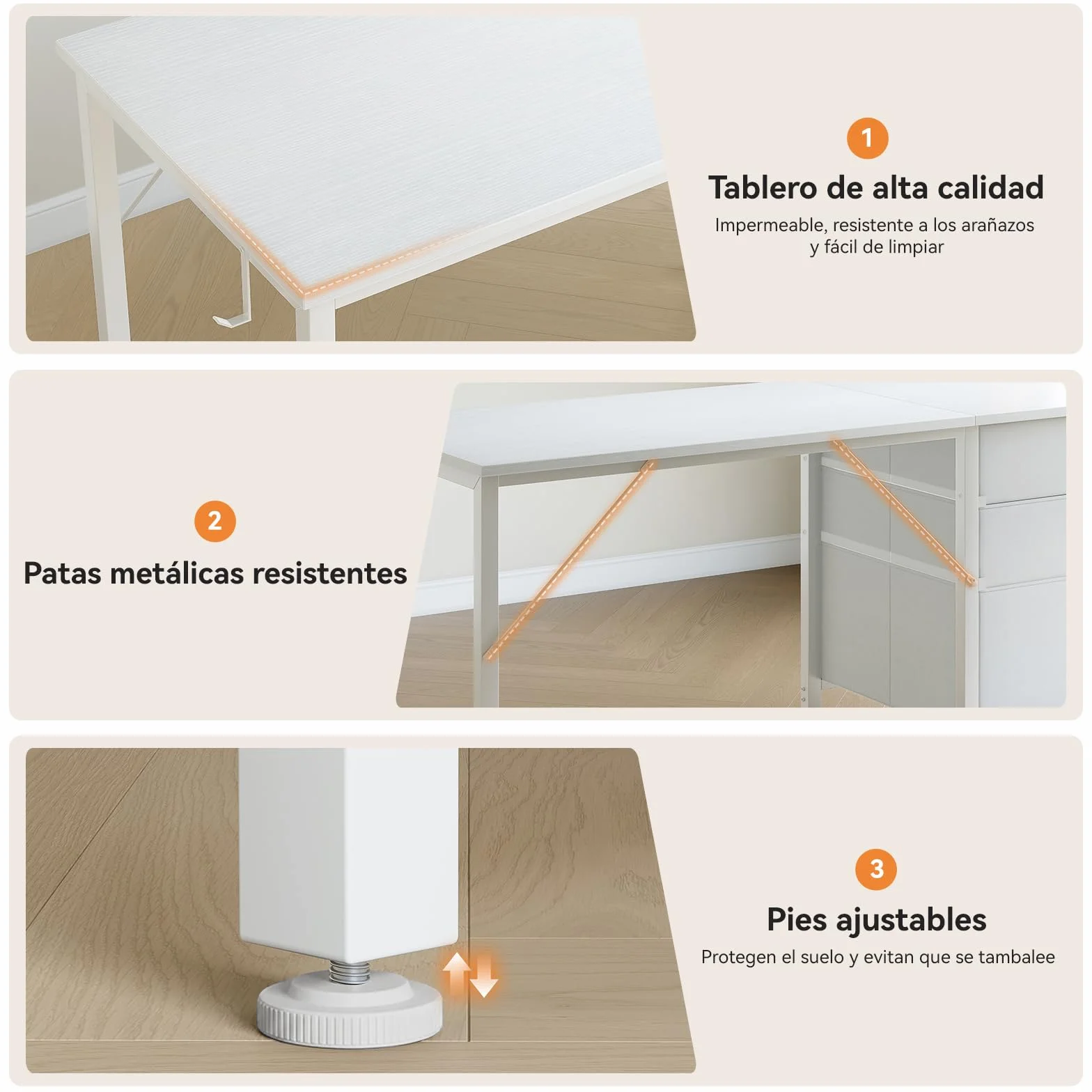 Coleshome Escritorio con 3 Cajones de Tela, 120x48cm, Soporte para Auriculares, Blanco, Reversible para Oficina en Casa