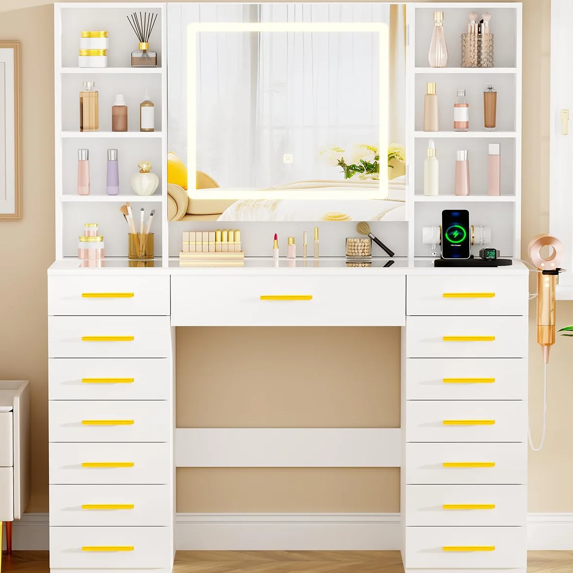 ANWBROAD Grande Tocador con Espejo y Luces LED, Brillo Ajustable,Tapa de Vidrio y Enchufes, Moderno Mesa de Maquillaje con 15 Cajones 9 Estantes Abiertos 8 Ganchos,Tocador de Maquillaje Blanco BDT25W