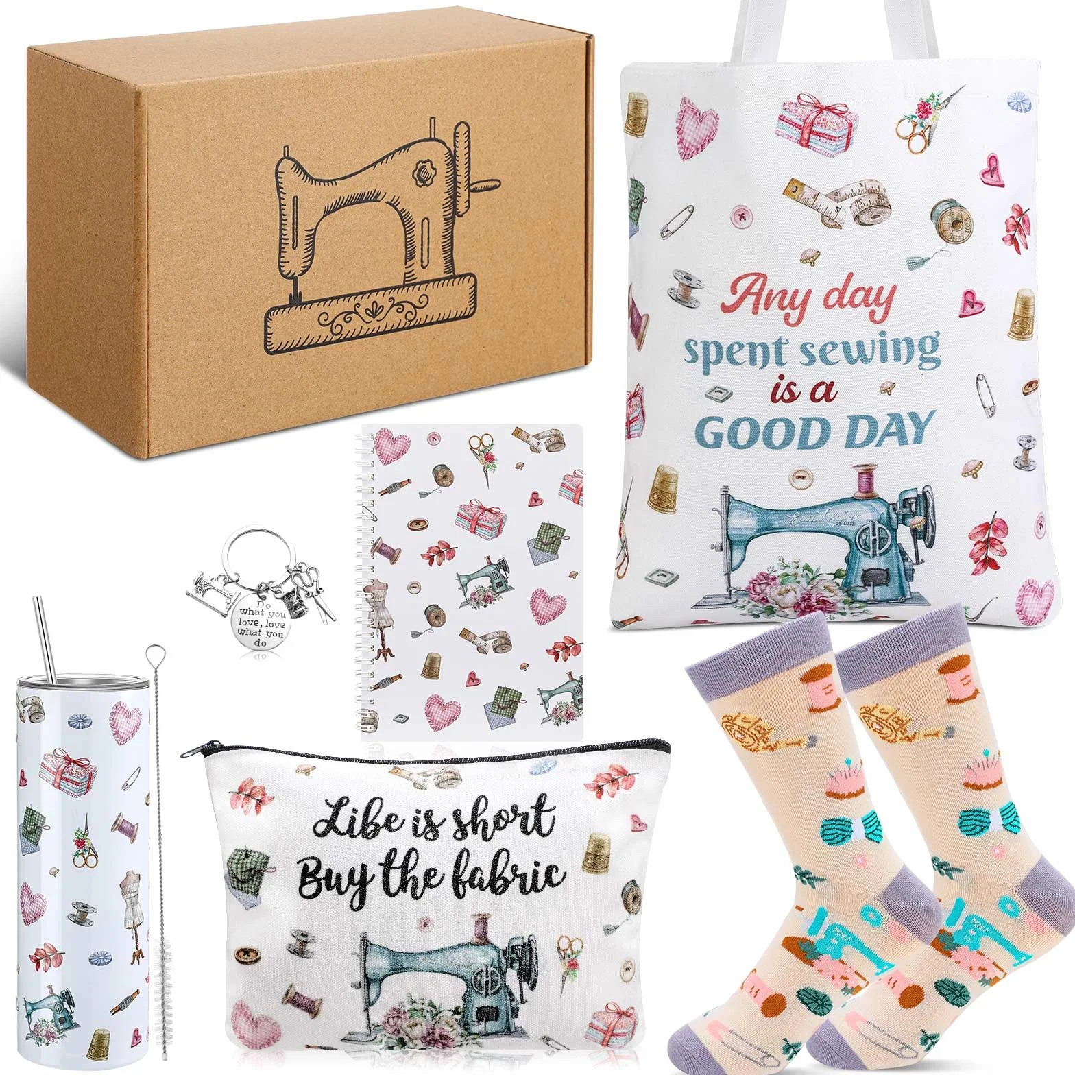 Dansydaisy 6 piezas de regalos de costura rosa con vaso de 20 onzas, taza de acero inoxidable, bolsa de cosméticos, calcetines, llavero, cuaderno de bobina, regalos divertidos de costura para mujeres