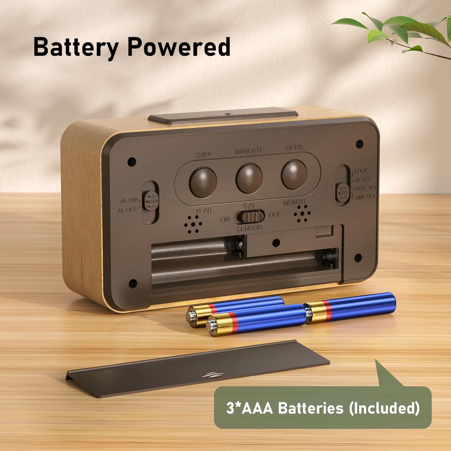 Despertador Digital de Madera, Reloj Despertador Digital Pilas con Pantalla LCD Grande, Retroiluminación, Fecha, Temperatura, Sensor de Luz Automático, Snooze (3 Pilas AAA Incluidas)