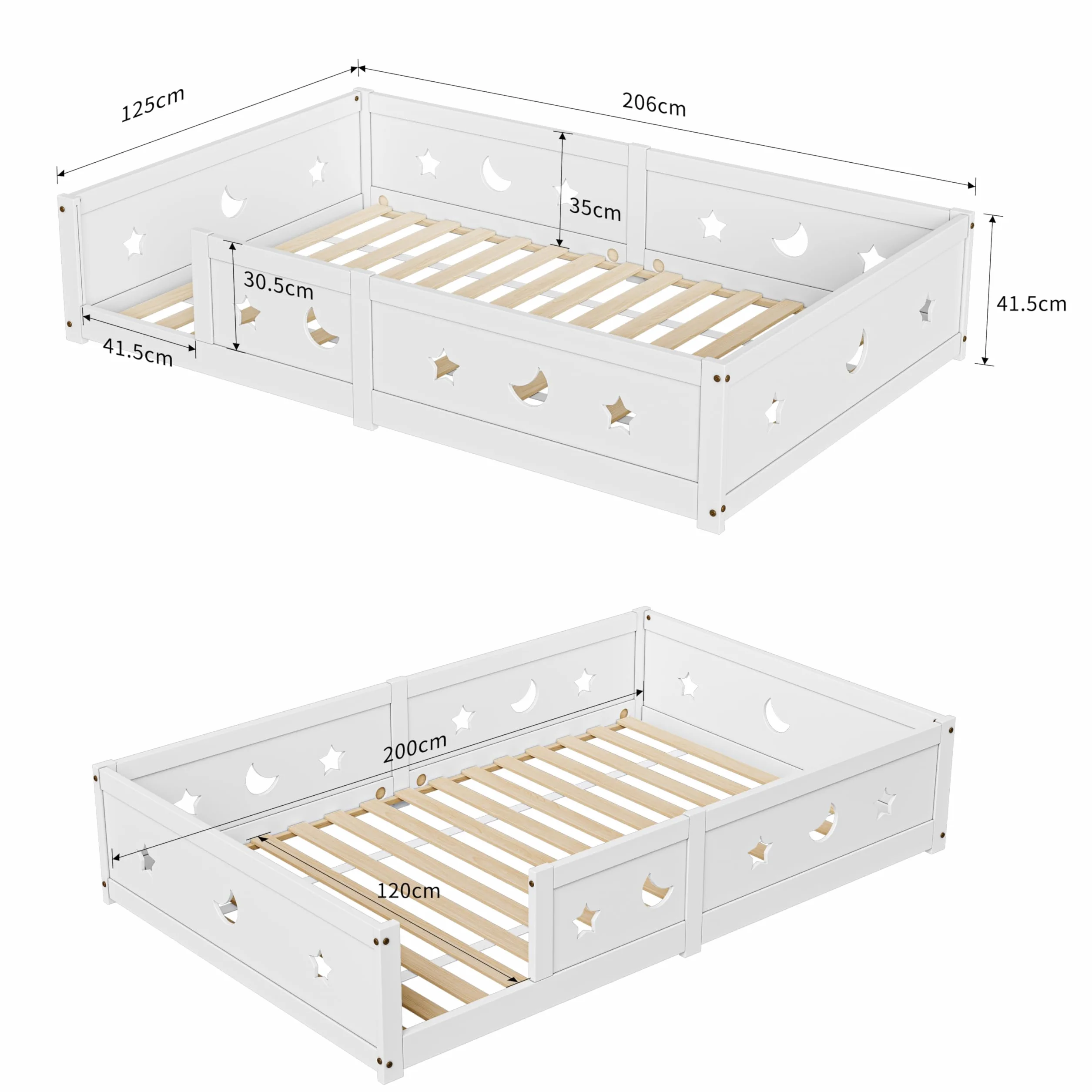 Cama de suelo infantil de 120 x 200, cama Montessori en el suelo de madera maciza con barrera de seguridad y somier de láminas, marco de camas de 1 plaza para niños y niñas, niños y bebés (A