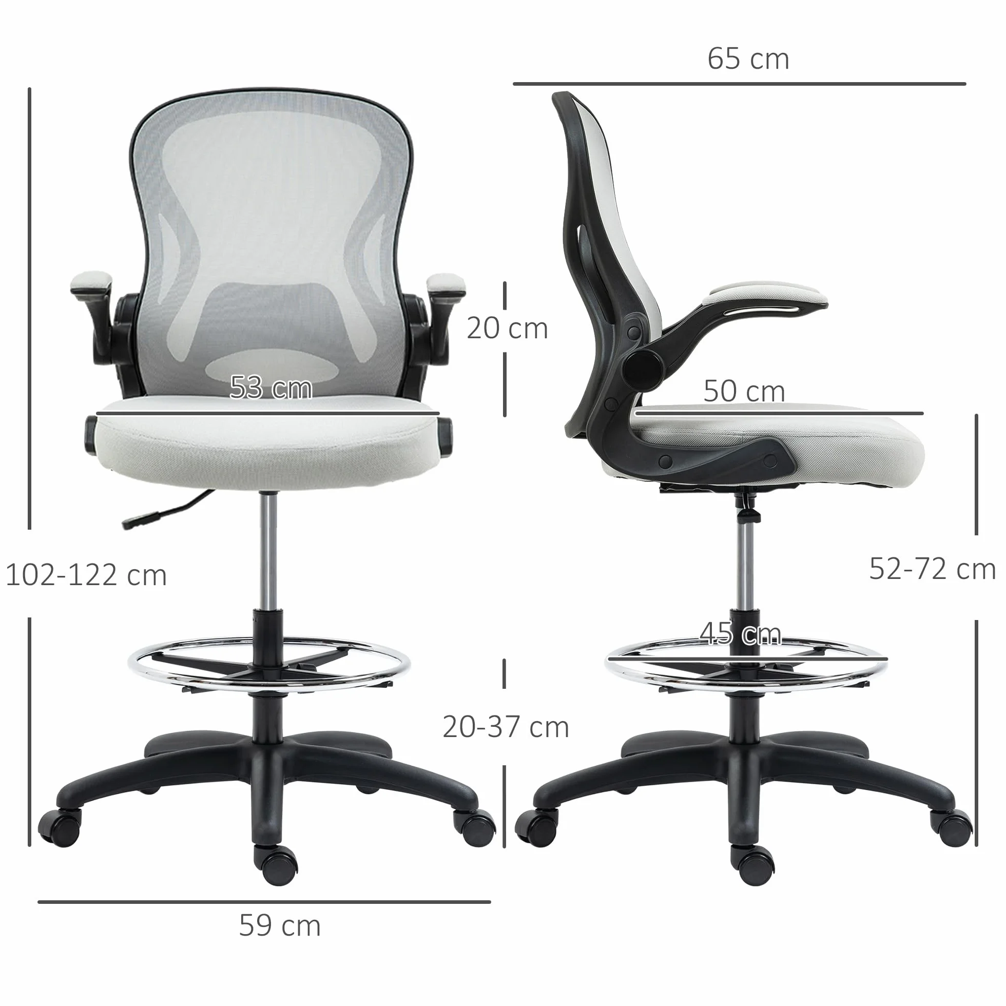 Vinsetto Silla de Dibujo Giratoria Silla de Escritorio Alta con Respaldo Medio Soporte Lumbar Reposabrazos Abatibles Altura Ajustable Carga 120 kg 59x65x102-122 cm Gris Claro