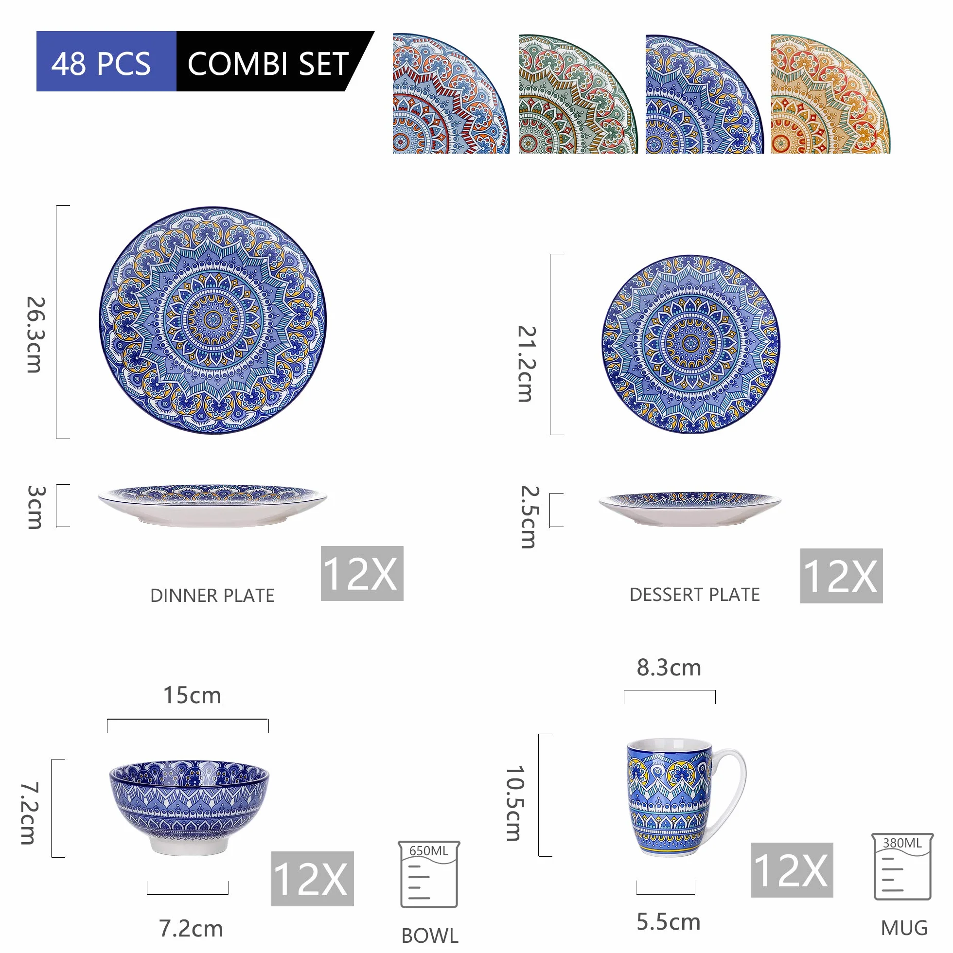 vancasso serie Mandala Vajillas de 48 piezas de Porcelana Multicolor Vajillas Completas Diseño Floral Mandala para 12 Personas (Azul)