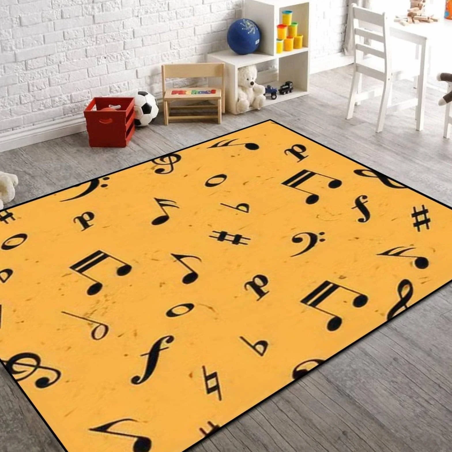 Alfombra amarilla con notas musicales en partituras, lavable a máquina, para sala de estar, dormitorio, comedor, granja, lavandería, baño, 120 x 180 cm