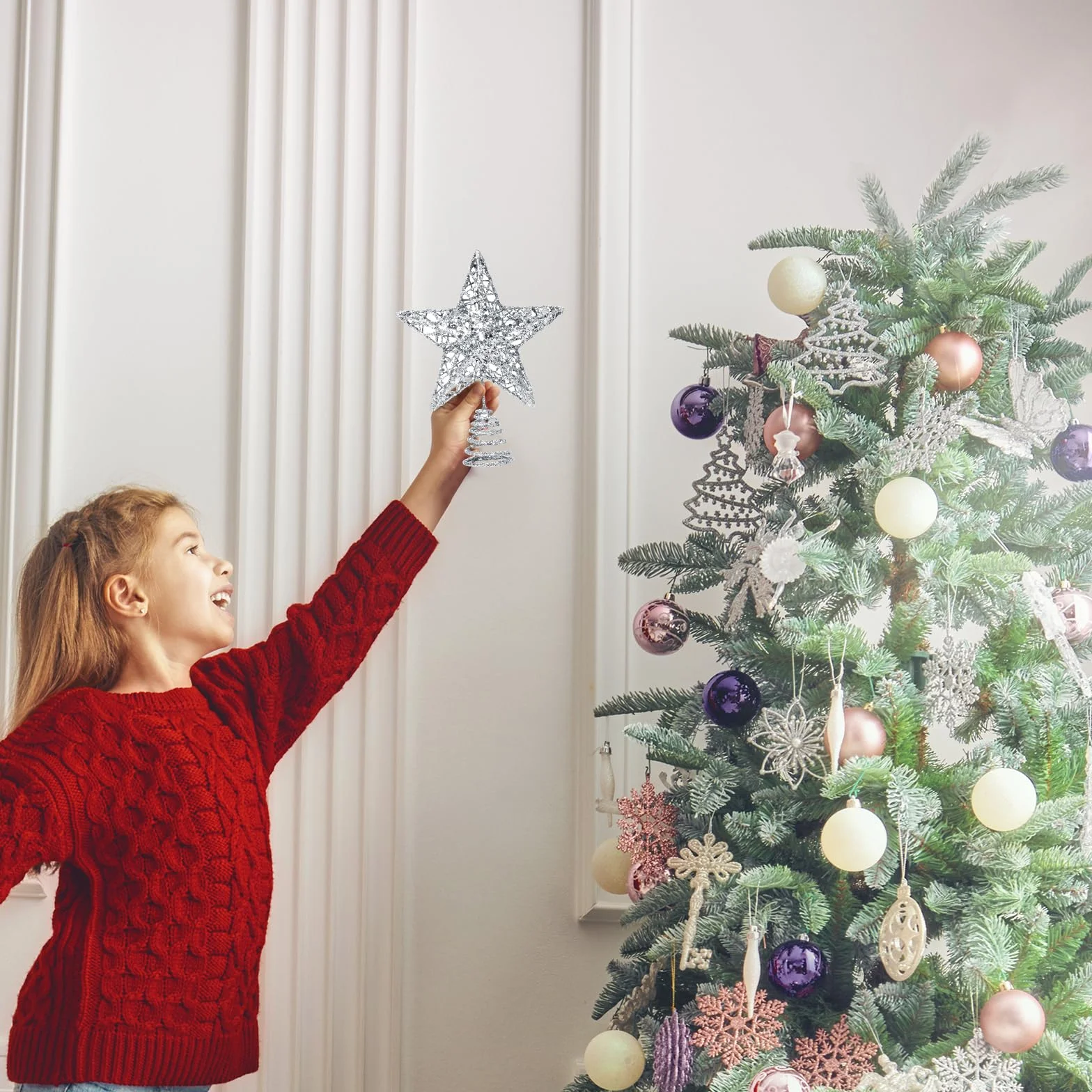 Estrella Plateada Metálica con Purpurina 3D para Árbol de Navidad 20x15 cm