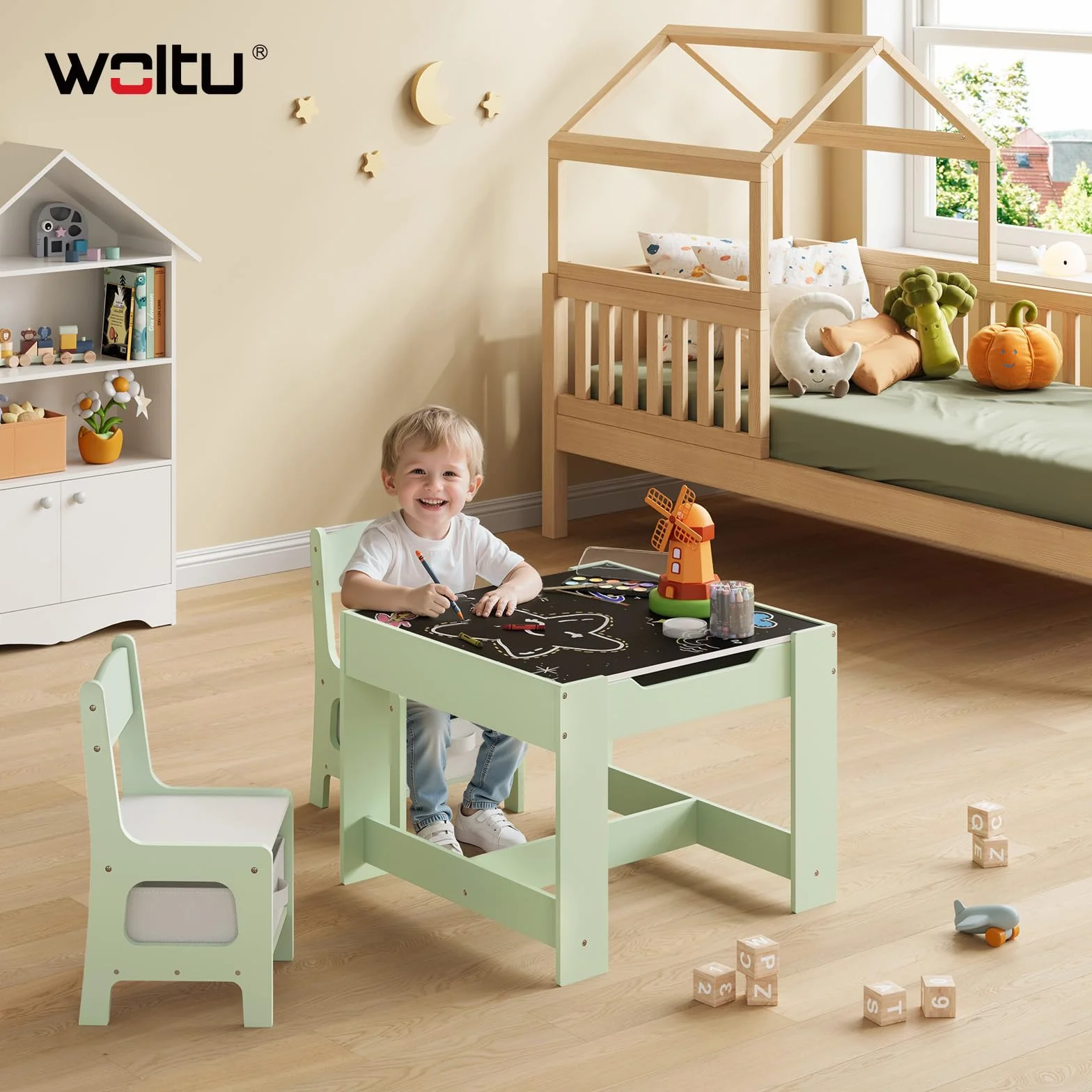 Mesa Infantil con 2 Sillas WOLTU, Mesa y Silla Niños con Almacenaje, Tablero Reversible, Madera, Verde + Blanco