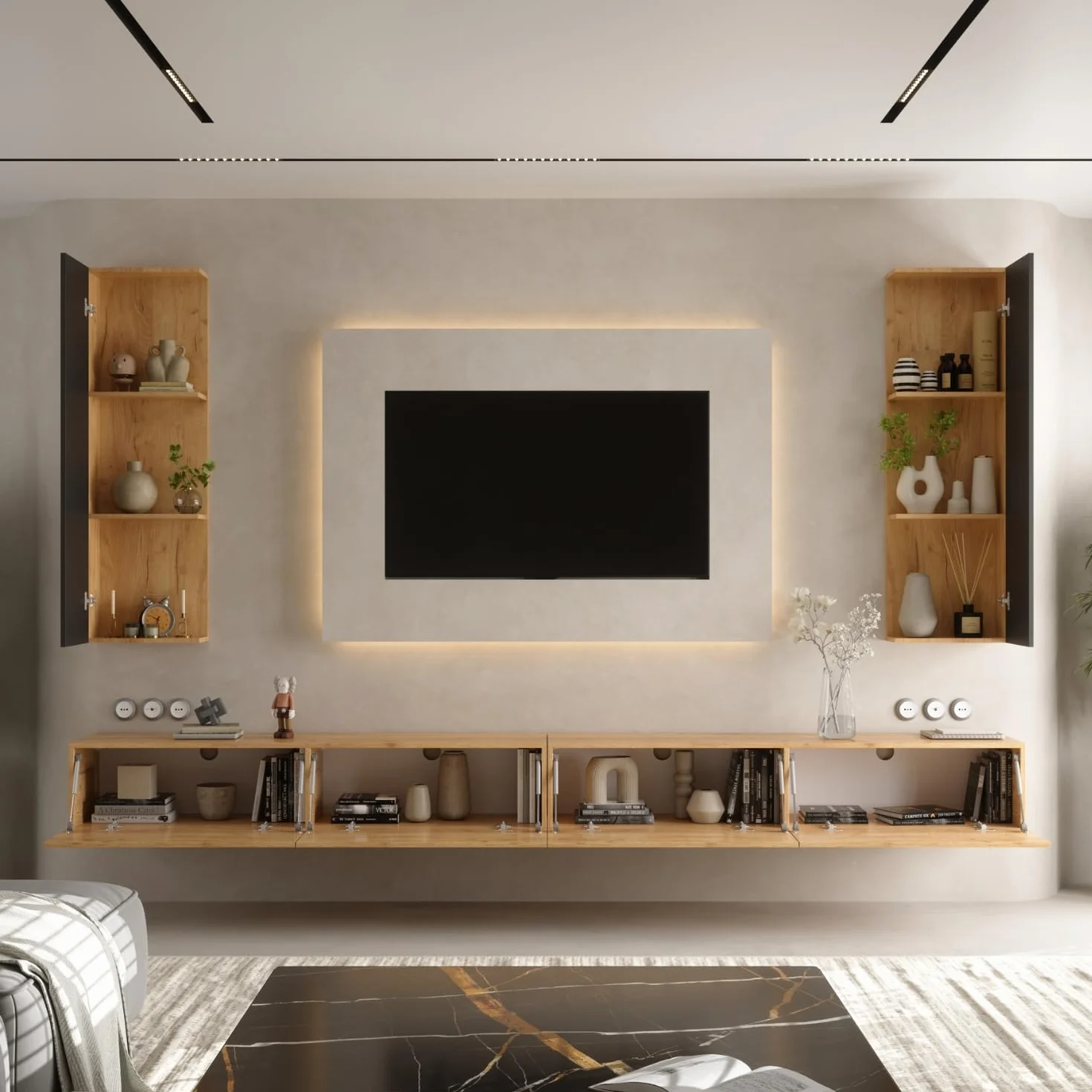 Planetmöbel Mueble de televisión, Mesa para TV de 320 cm de Largo, 2X armarios de televisión suspendidos de 40x130x17 cm para el salón, 2X Muebles Bajos de 160x30x37,8 cm, Roble Dorado