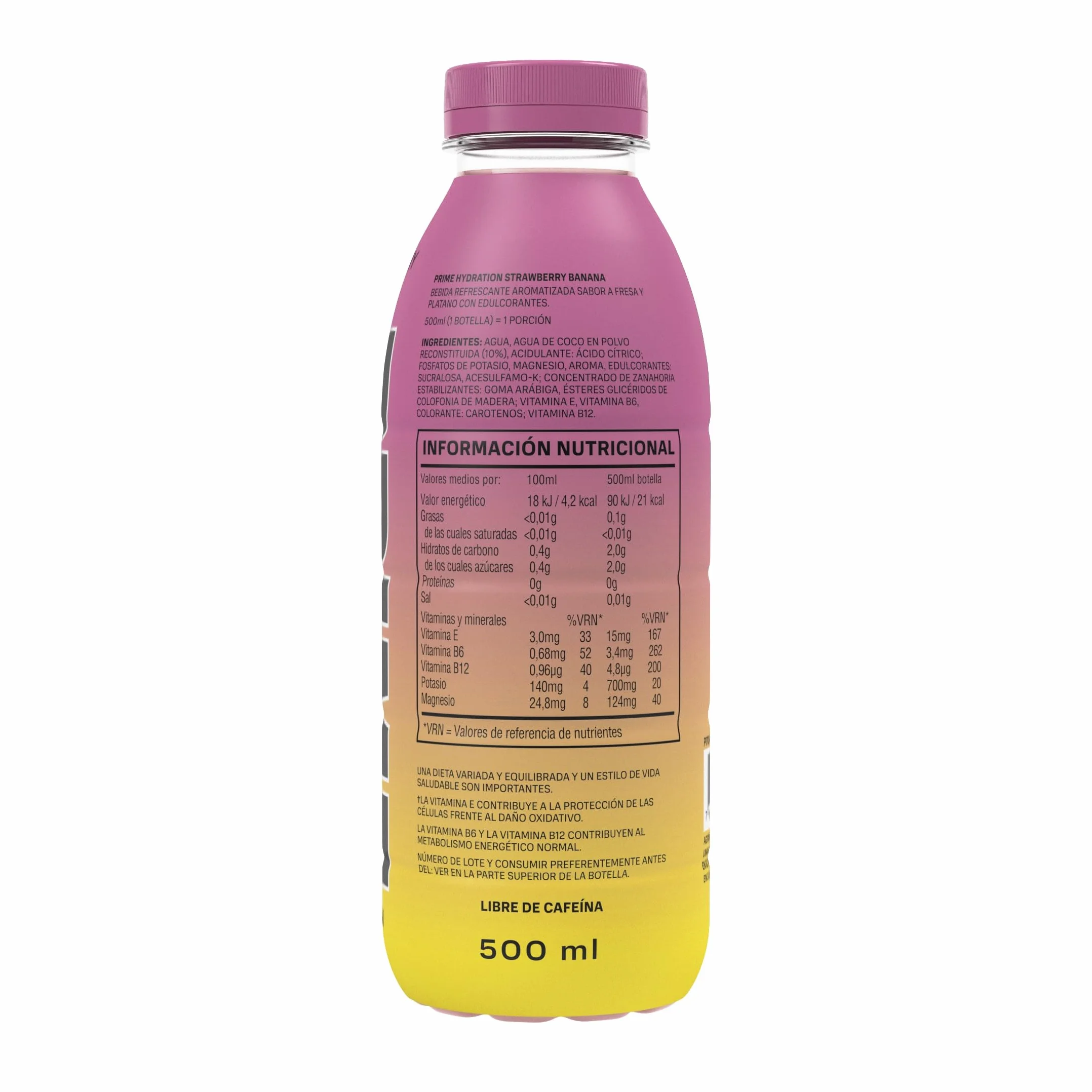 PRIME Hydration Strawberry Banana Bebida deportiva 500 ml Electrolitos BCAA Vitaminas B