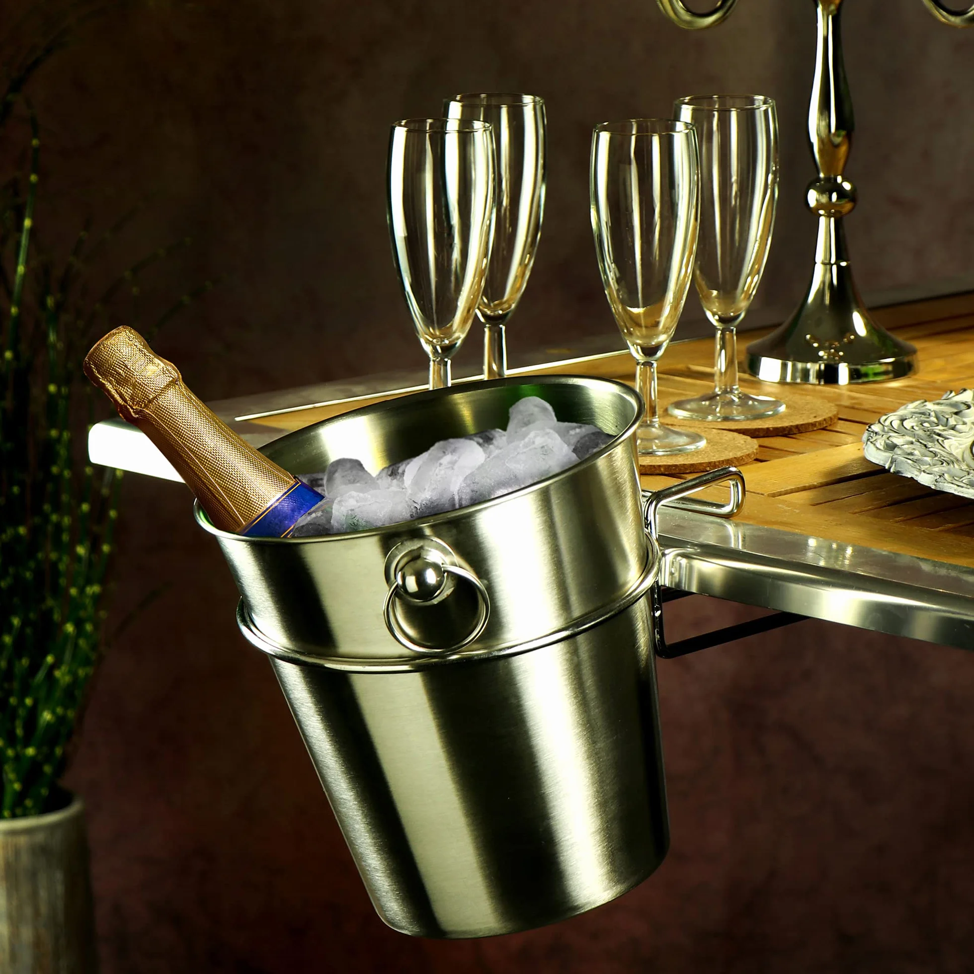 COM-FOUR® Enfriador de champán con soporte de mesa - cubo de enfriamiento para vino espumoso, vino y champán