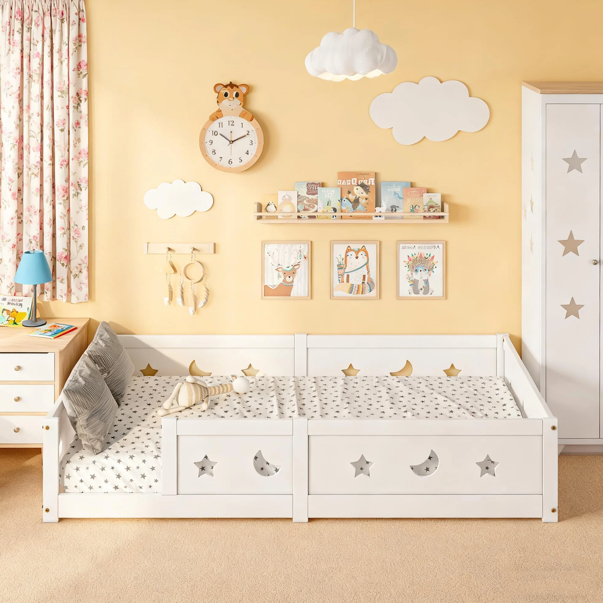 Cama de suelo infantil de 120 x 200, cama Montessori en el suelo de madera maciza con barrera de seguridad y somier de láminas, marco de camas de 1 plaza para niños y niñas, niños y bebés (A