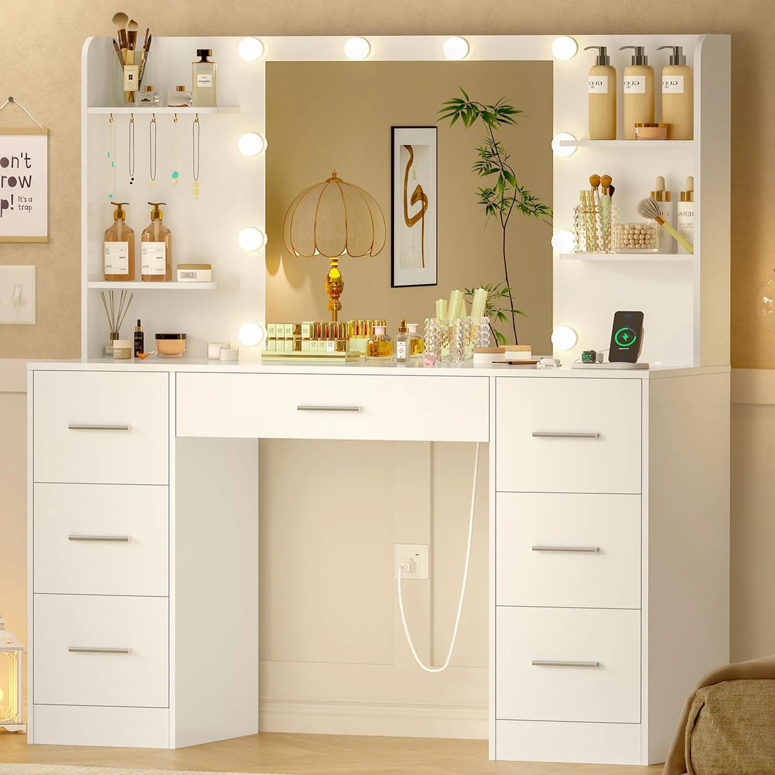 TEENFON Tocador de Maquillaje con Luces LED Regulables, Mesa de Maquillaje con Espejo, 7 Cajones, Blanco