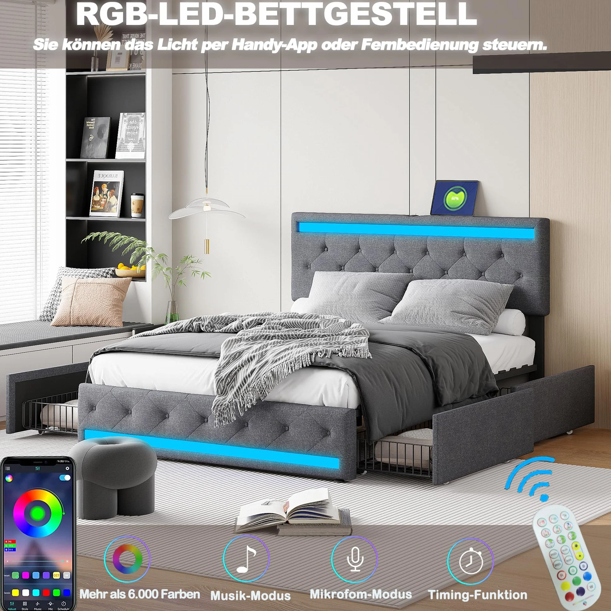 KeepGoon Cama Doble de 180 x 200 cm, Cama Acolchada con 4 cajones de Hierro, Largo Puerto USB y Barra para lámpara de Noche, Cama de Almacenamiento, con somier, Tela de Lino, cabecero Ajustable