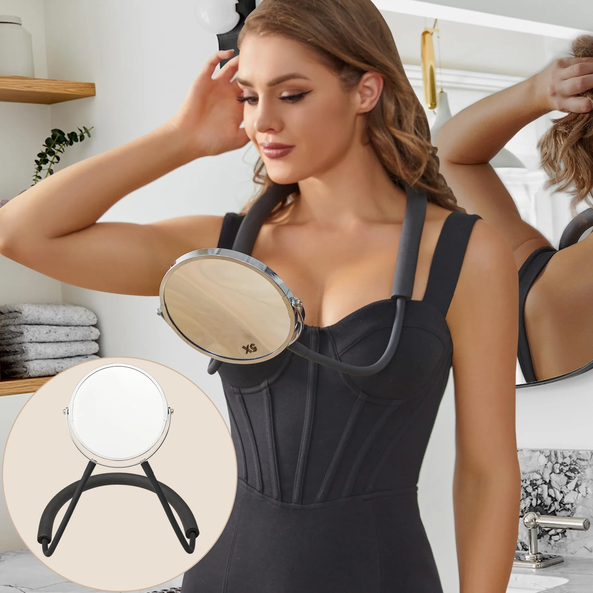 Espejo de doble cara para ver la parte posterior de la cabeza, gran tamaño de corte de pelo de 360°, espejo ajustable manos libres, visualización estándar y aumento 5X para mujeres y hombres, el brazo
