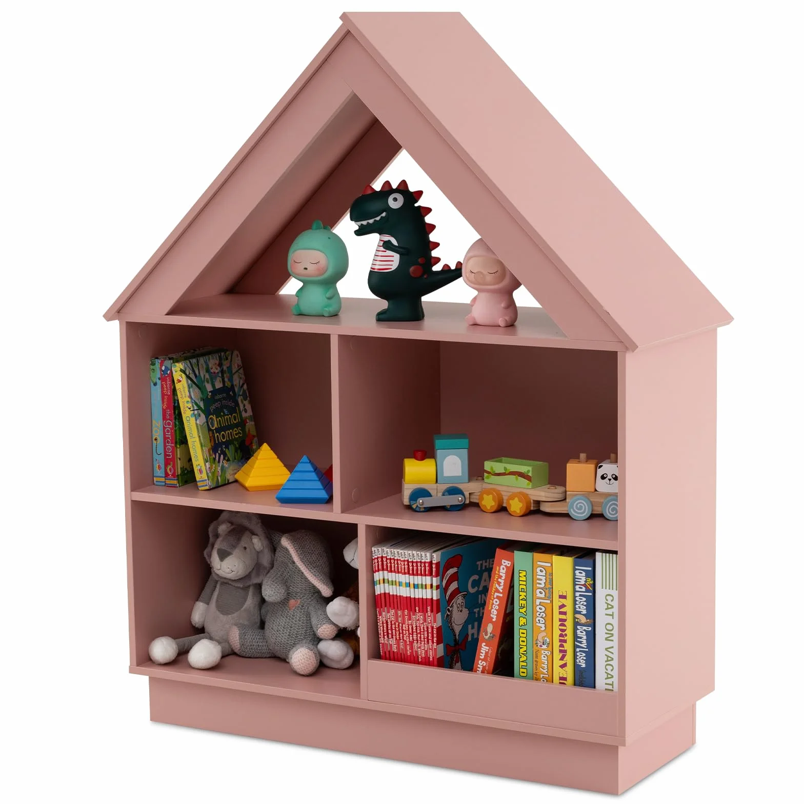COSTWAY Estantería Infantil para Muñecas, Librería Infantil en Forma de Casa, Armario de Almacenaje de Juguetes de Madera con 5 Cubículos, Estante Abierto de 3 Niveles para Niños (Rosa)