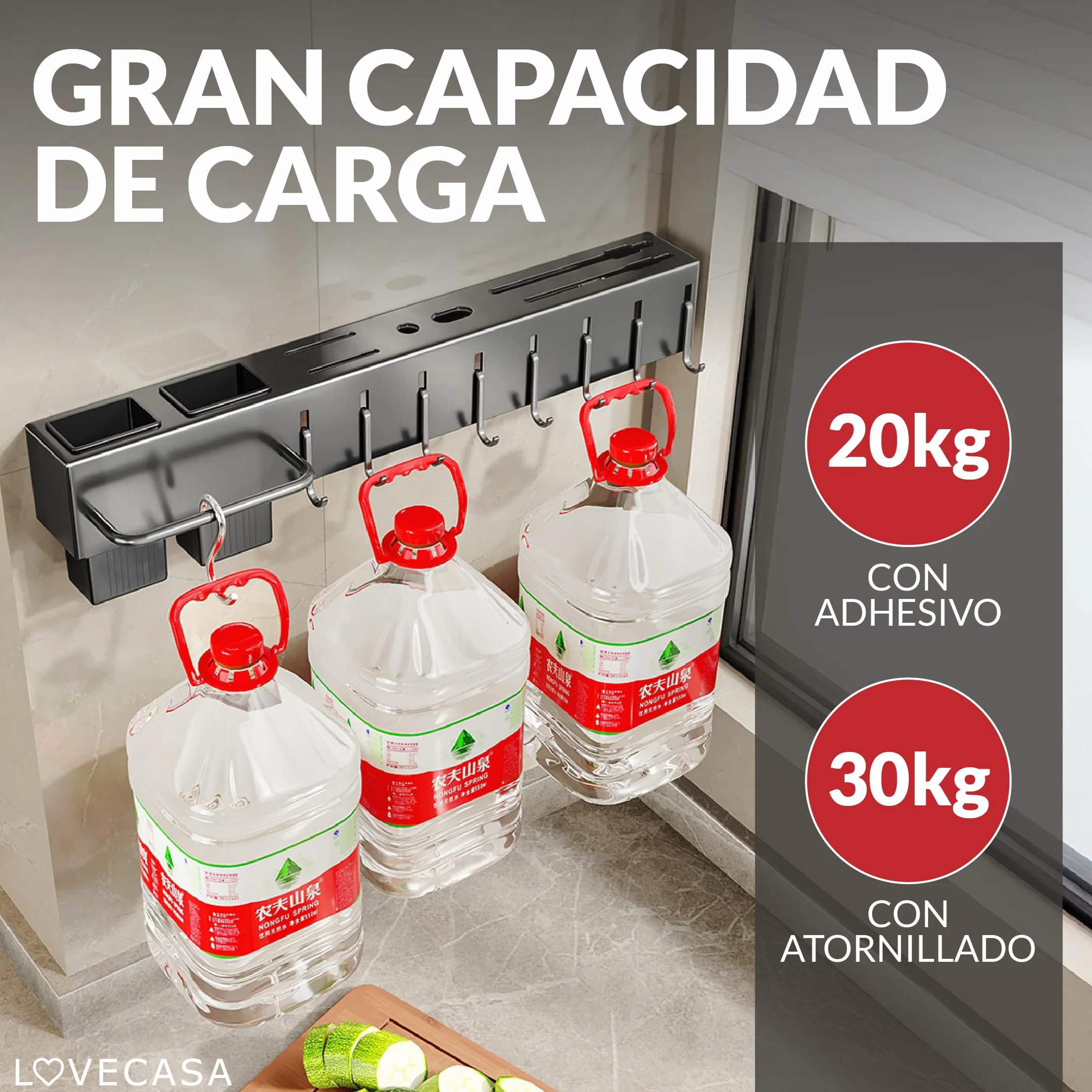 Organizador de cocina - cuchillero de pared - soporte para utensilios de cocina con ganchos y portacubiertos - organizador multifuncional ahorra espacio