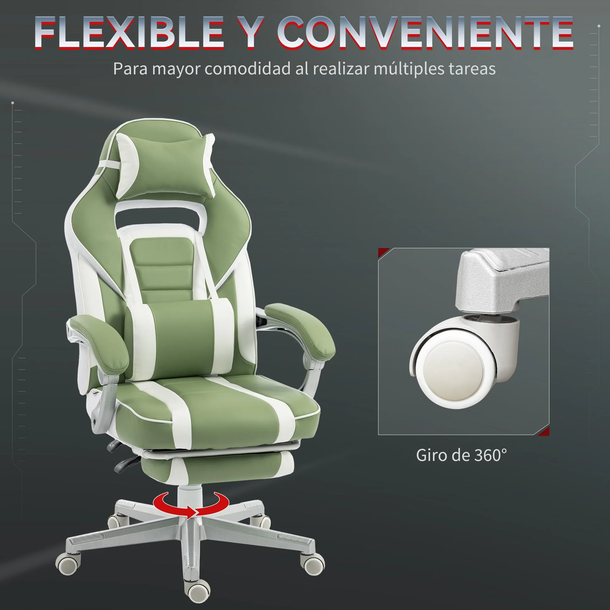 HOMCOM Silla Gaming Reclinable Altura Ajustable Reposapiés Retráctil Soporte Lumbar Reposacabezas Desmontable Verde