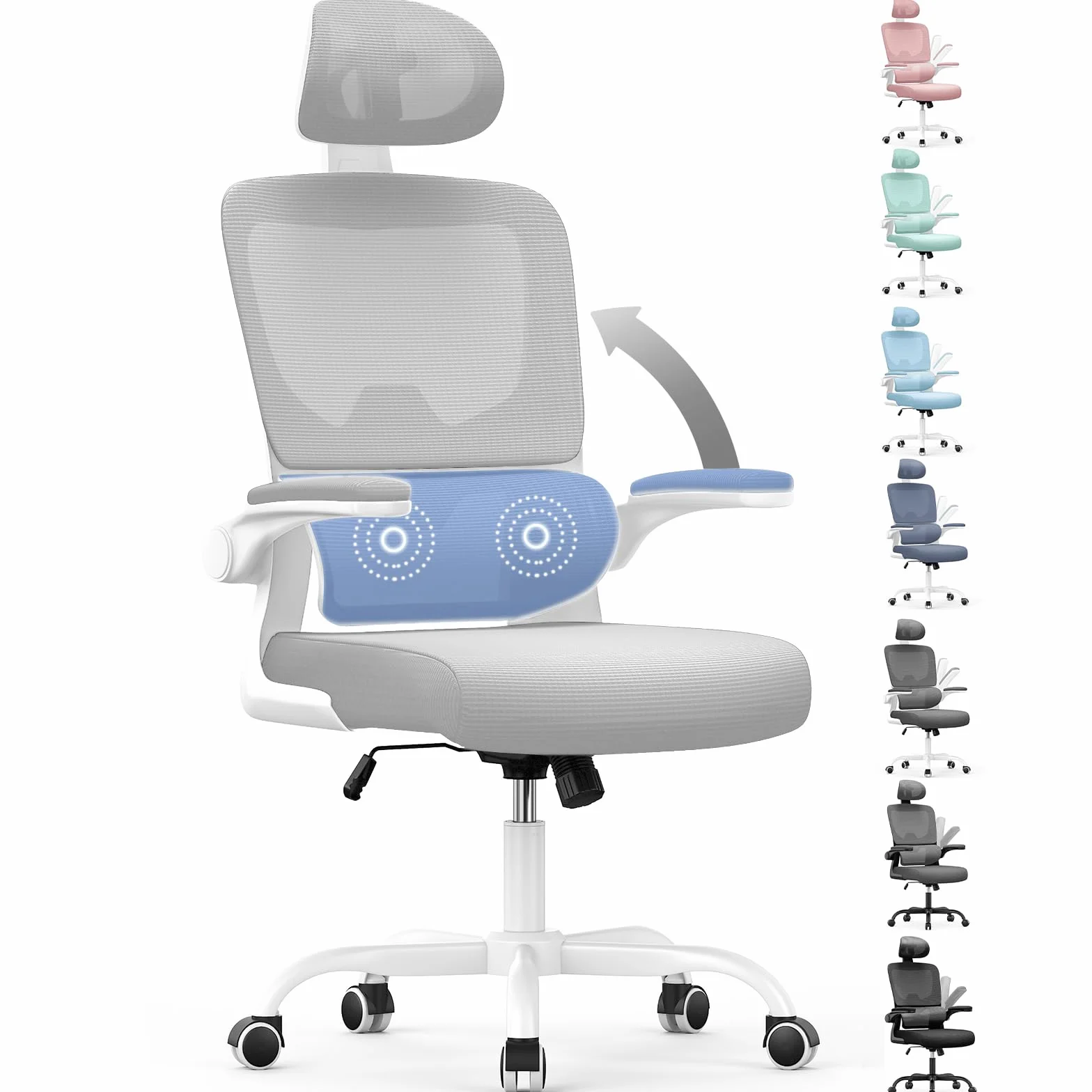 Silla Oficina Ergonómica con Soporte Lumbar Dinámico, Reposabrazos Abatibles, Ajuste de Altura, Balanceo 120°, Gris