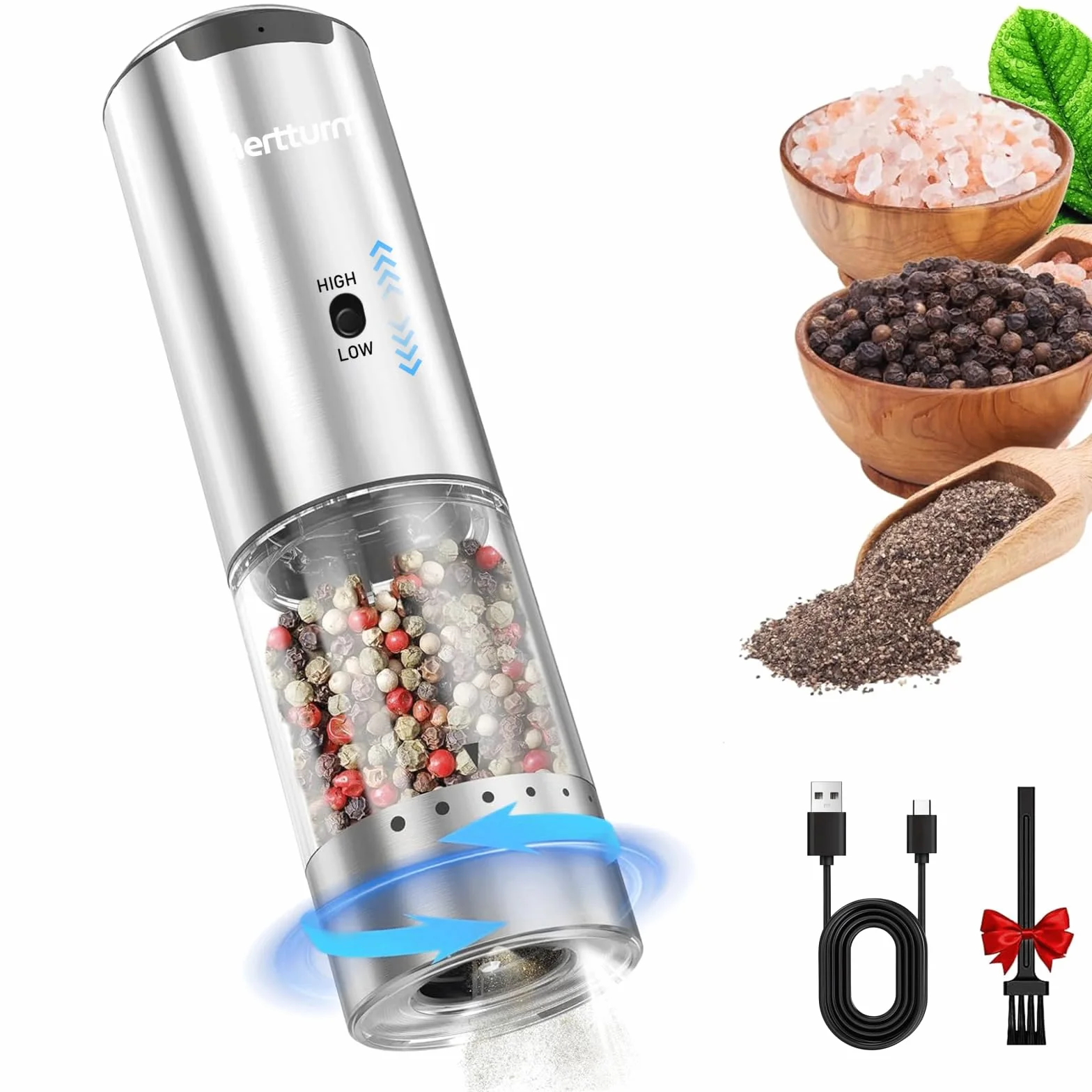 MERTTURM Recargable Molinillo Pimienta Eléctrico, Molinillo Especias 95ml Ajuste Externo, Acero Inoxidable Recipiente Lavable con Luz LED, Para Cocina, BBQ, Camping (1PCS)