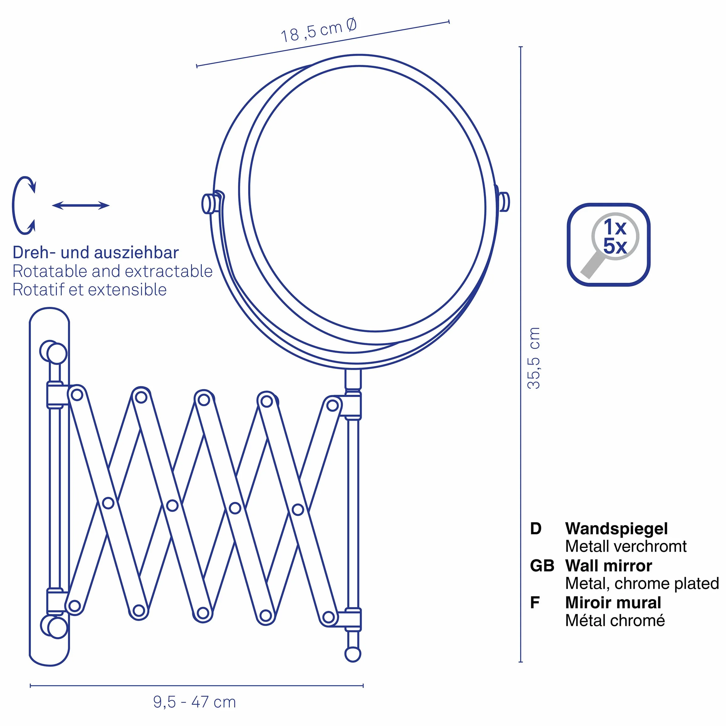 kela Espejo cosmético de pared con aumento AVITA 16 cm 1/5 veces metal cromado