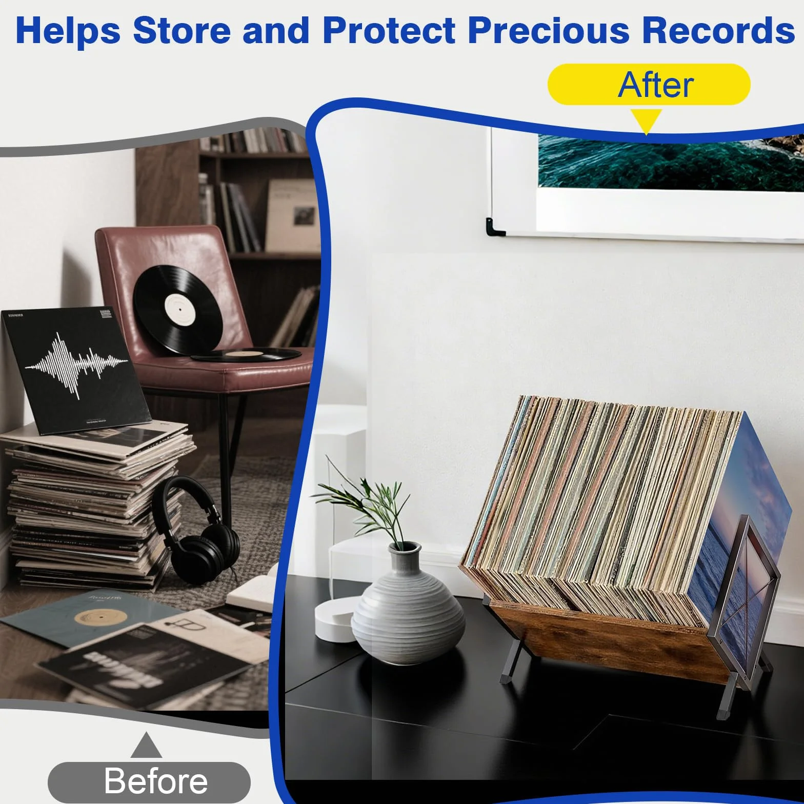 Estantería vinilos Soporte Vinilo 80-100 LPs Mueble Organizador Discos Madera Abrazadera Separadora Antideslizante