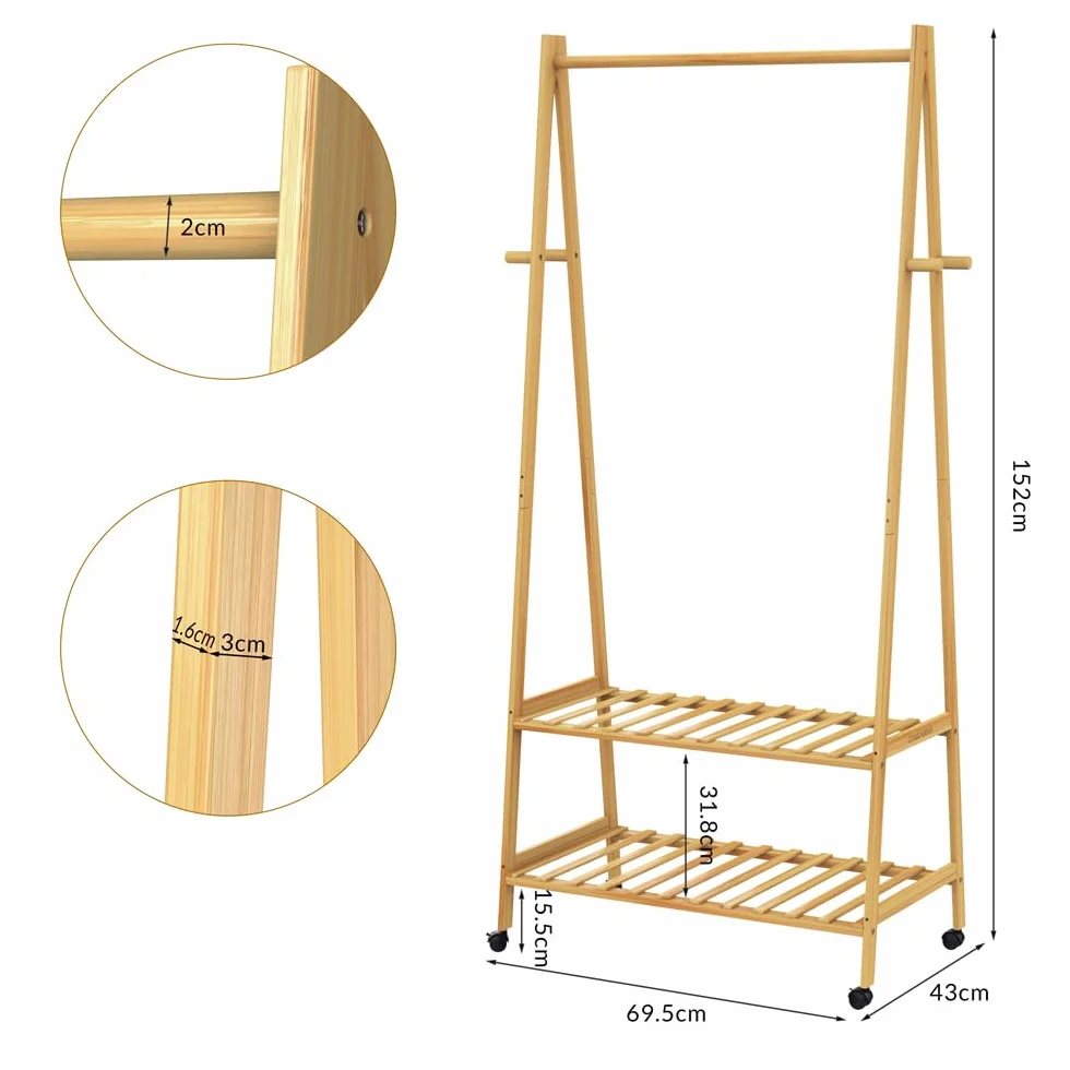 CASARIA® Perchero de Pie Ruedas 2 Estantes Burro Ropa Robusto 4 Ganchos Madera Bambú 155x70cm Dormitorio Pasillo Organizador Colgador Moderno Natural