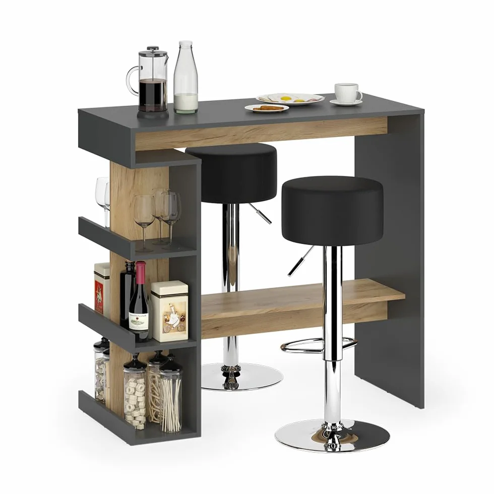 Vicco Set de Mesa de Bar Dana, Antracita/Roble Dorado, 108 x 50 cm con 2 taburetes de Bar, con estantes Abiertos para Usar como Mesa Alta