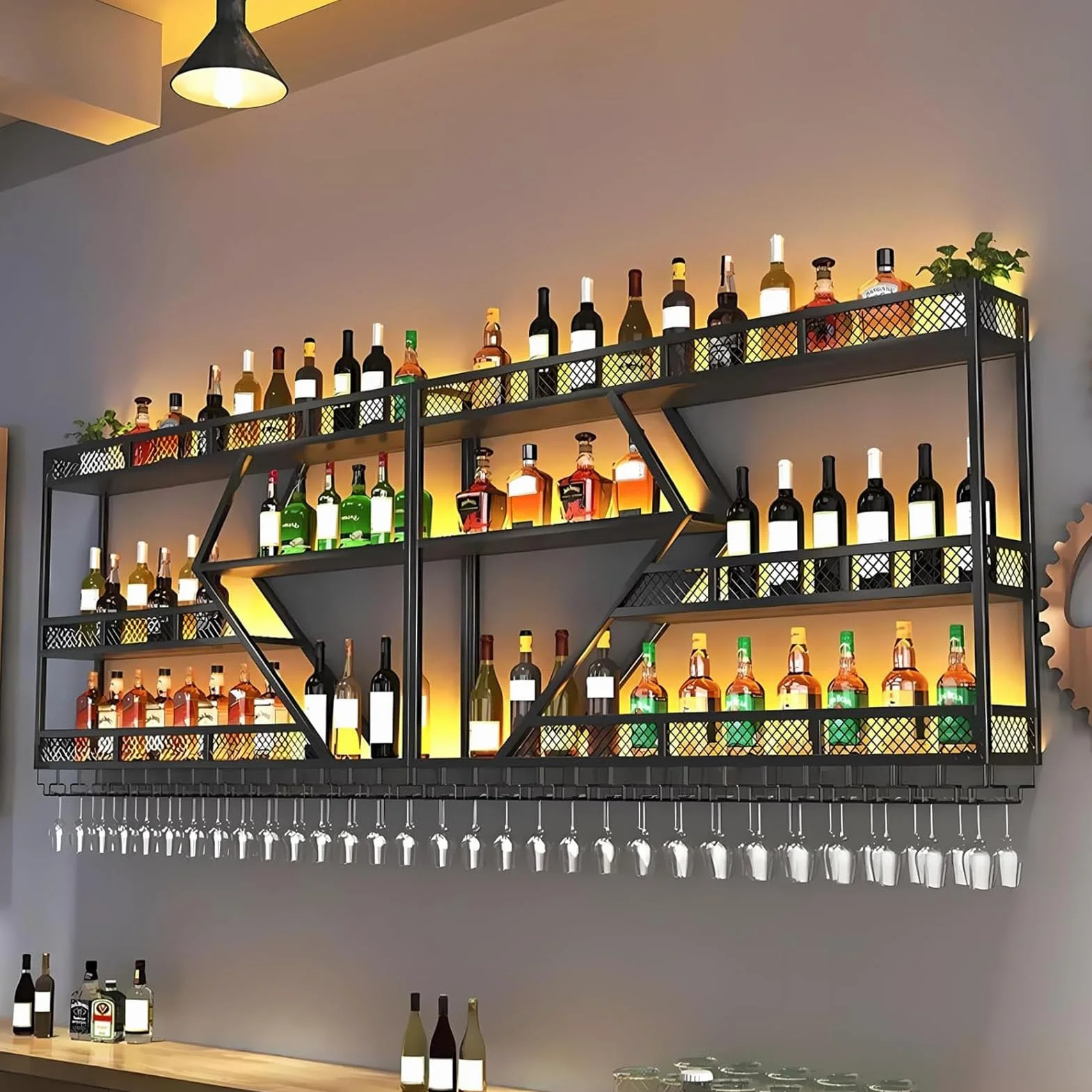 Estante de vino de pared de metal con iluminación LED y soporte modular