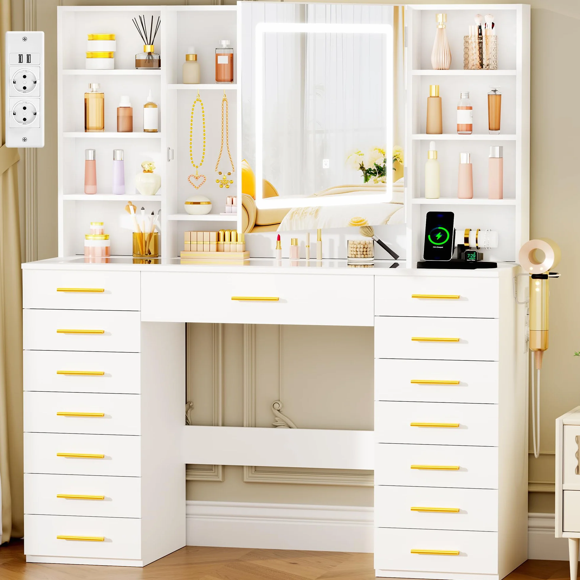 ANWBROAD Grande Tocador con Espejo y Luces LED, Brillo Ajustable,Tapa de Vidrio y Enchufes, Moderno Mesa de Maquillaje con 15 Cajones 9 Estantes Abiertos 8 Ganchos,Tocador de Maquillaje Blanco BDT25W