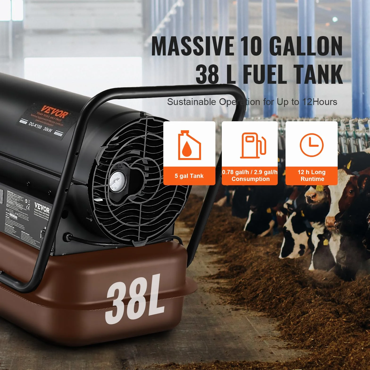 VEVOR Calentador de Aire Forzado a Queroseno/Diésel, 100 000 BTU, Portátil con Control de Termostato, Tanque de 38 L, para el Hogar, el Lugar de Trabajo, la Industria, Negro, 915 x 475 x 600 mm