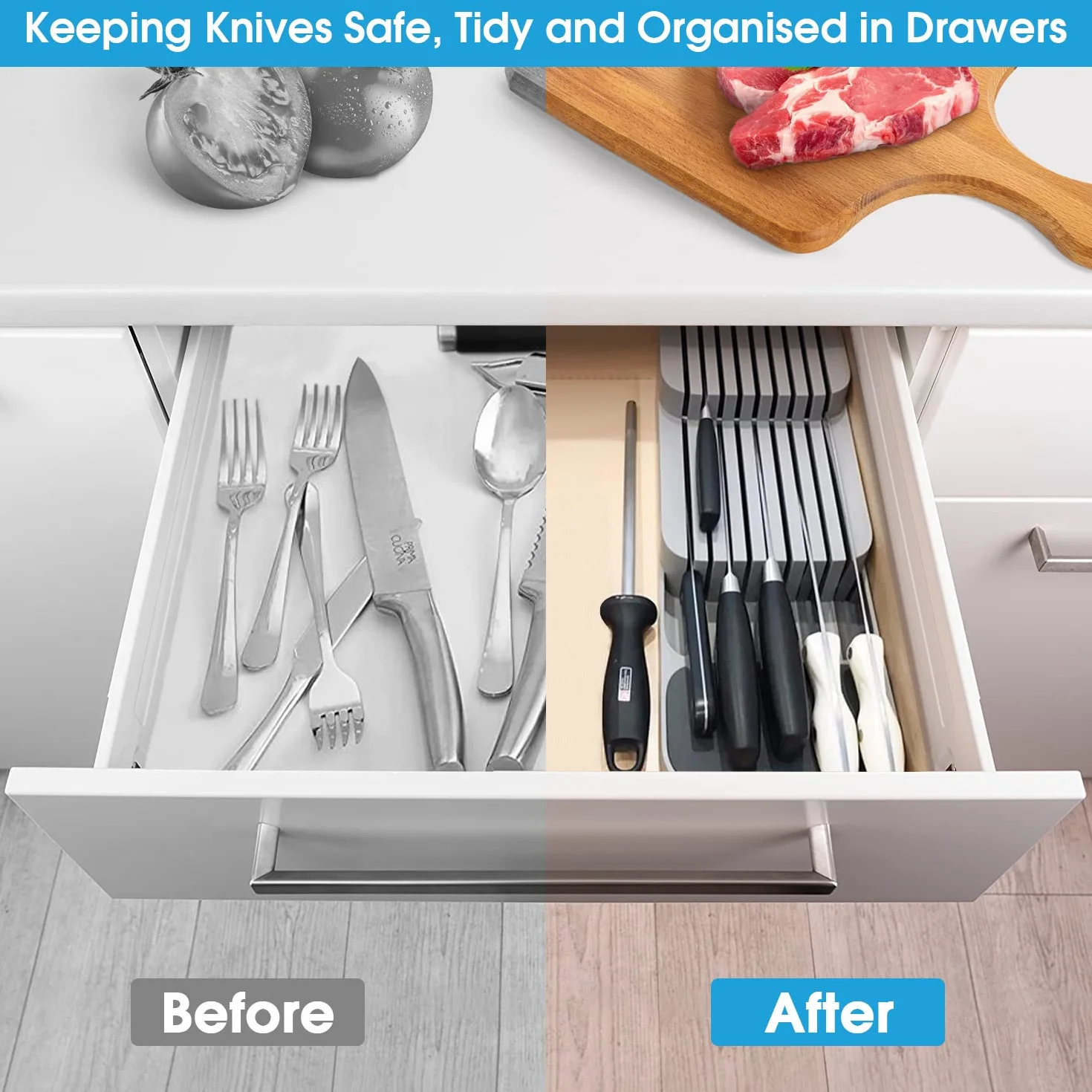 Mejorado Organizador de Cuchillos para Cajón, 2 Niveles Portacuchillos de Cocina apto para 9 Cuchillos, Extraíble y Antideslizante, Bloque de Cuchillos de Cocina con Ranura para Cuchillos, Gris