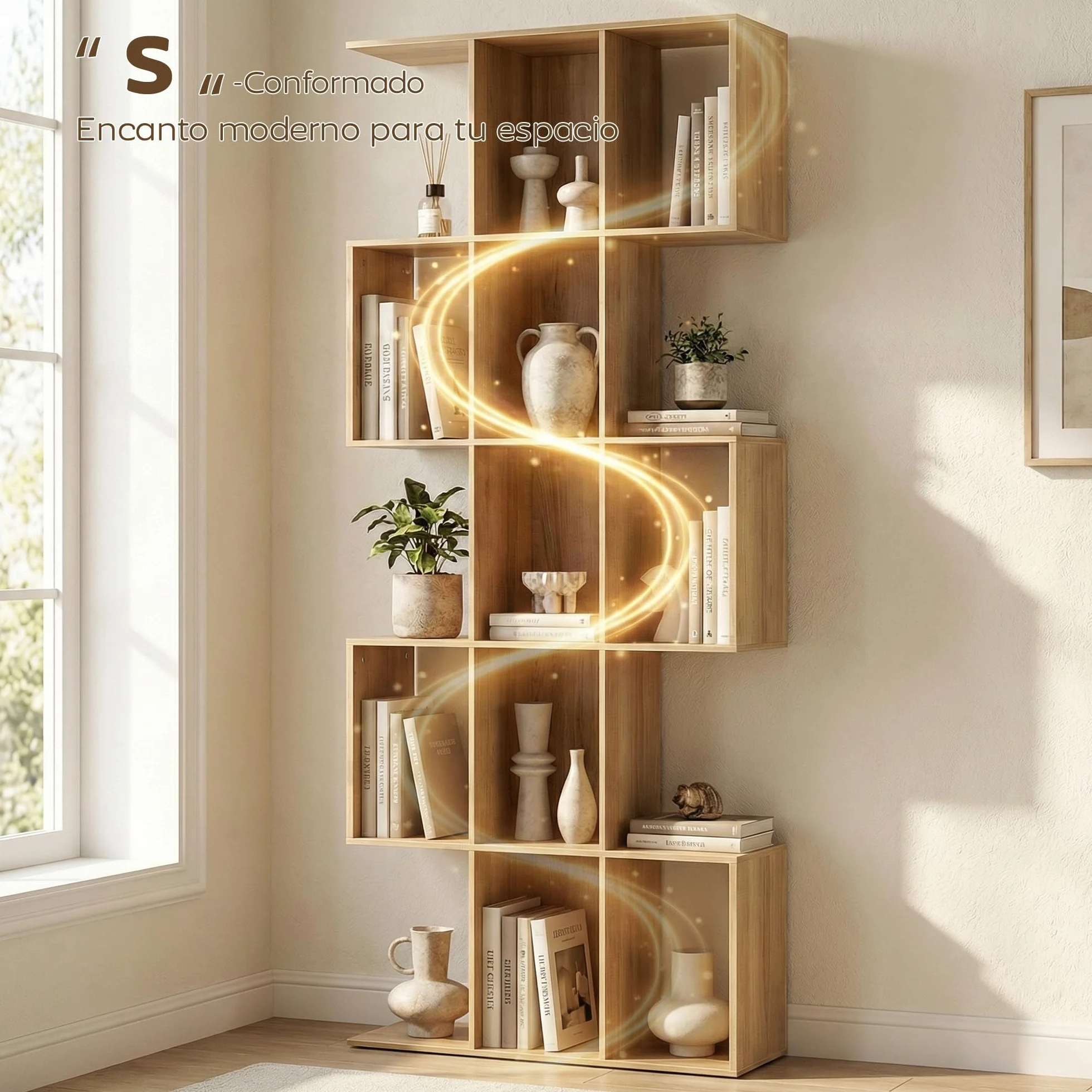 HOMCOM Estantería de 5 Niveles, Biblioteca Estrecha, Librería en Forma de S, para Salón, Dormitorio, Estudio, Oficina, 80x24x200 cm, Roble