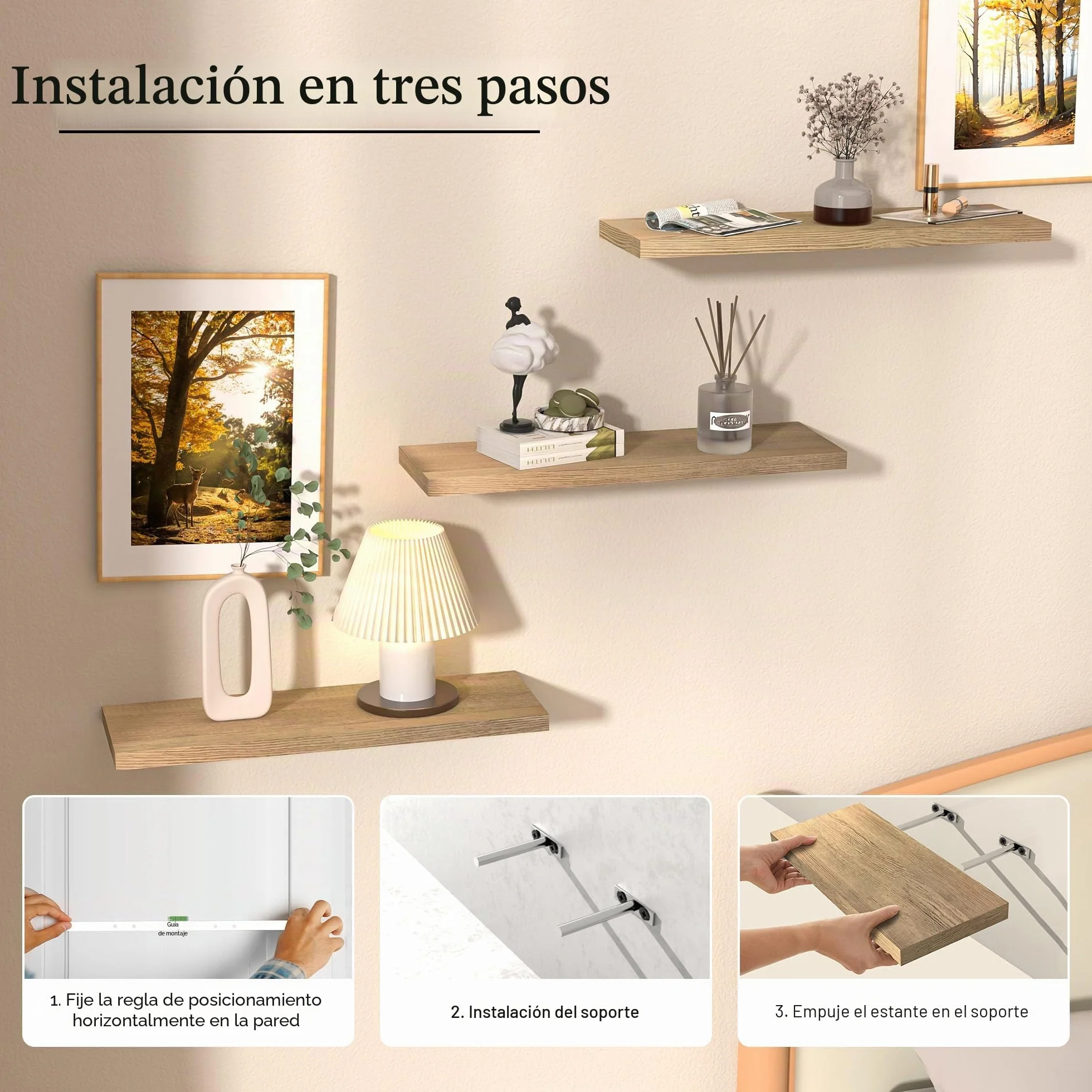 Estantes flotantes de madera rústicos 40 cm con soportes invisibles juego de 3