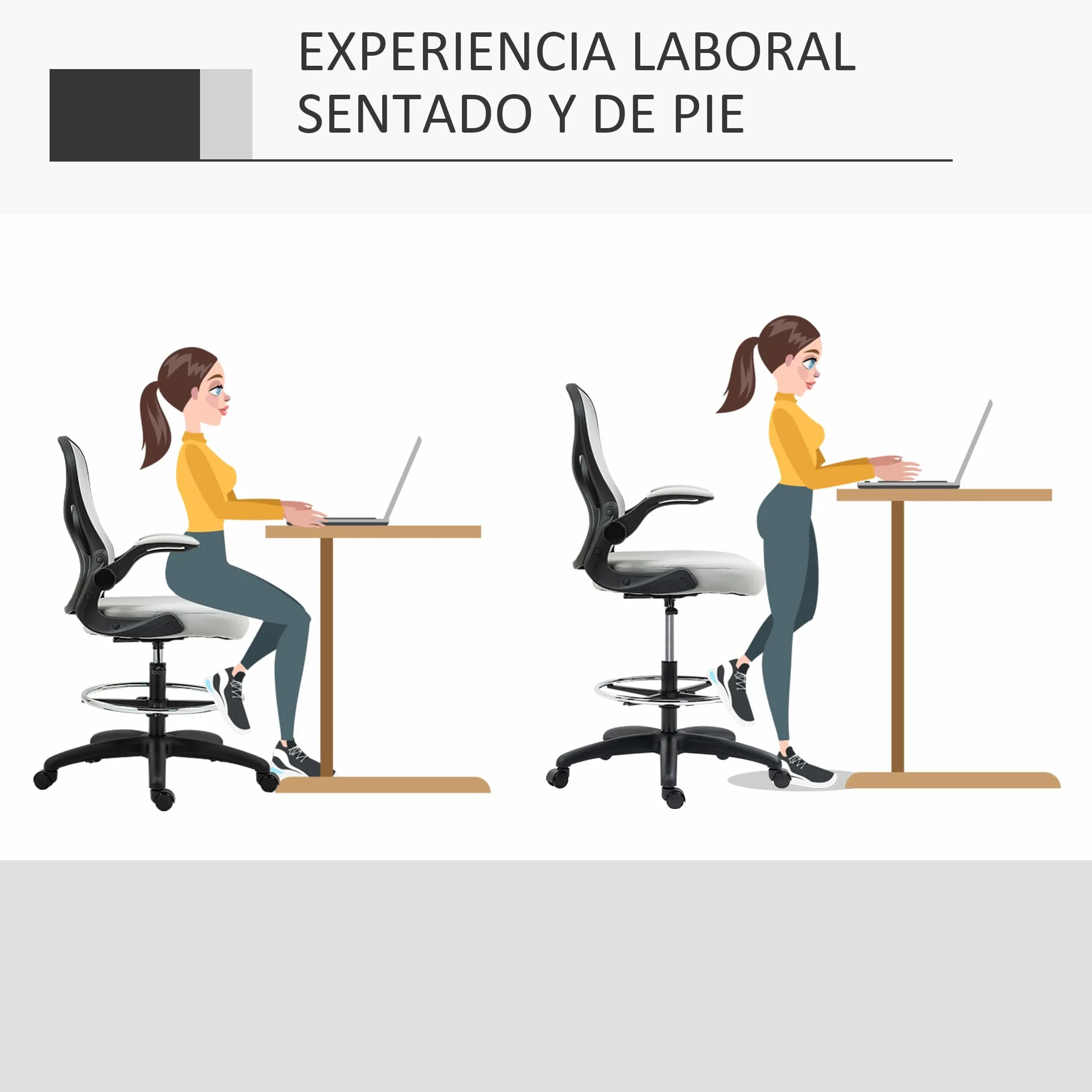 Vinsetto Silla de Dibujo Giratoria Silla de Escritorio Alta con Respaldo Medio Soporte Lumbar Reposabrazos Abatibles Altura Ajustable Carga 120 kg 59x65x102-122 cm Gris Claro