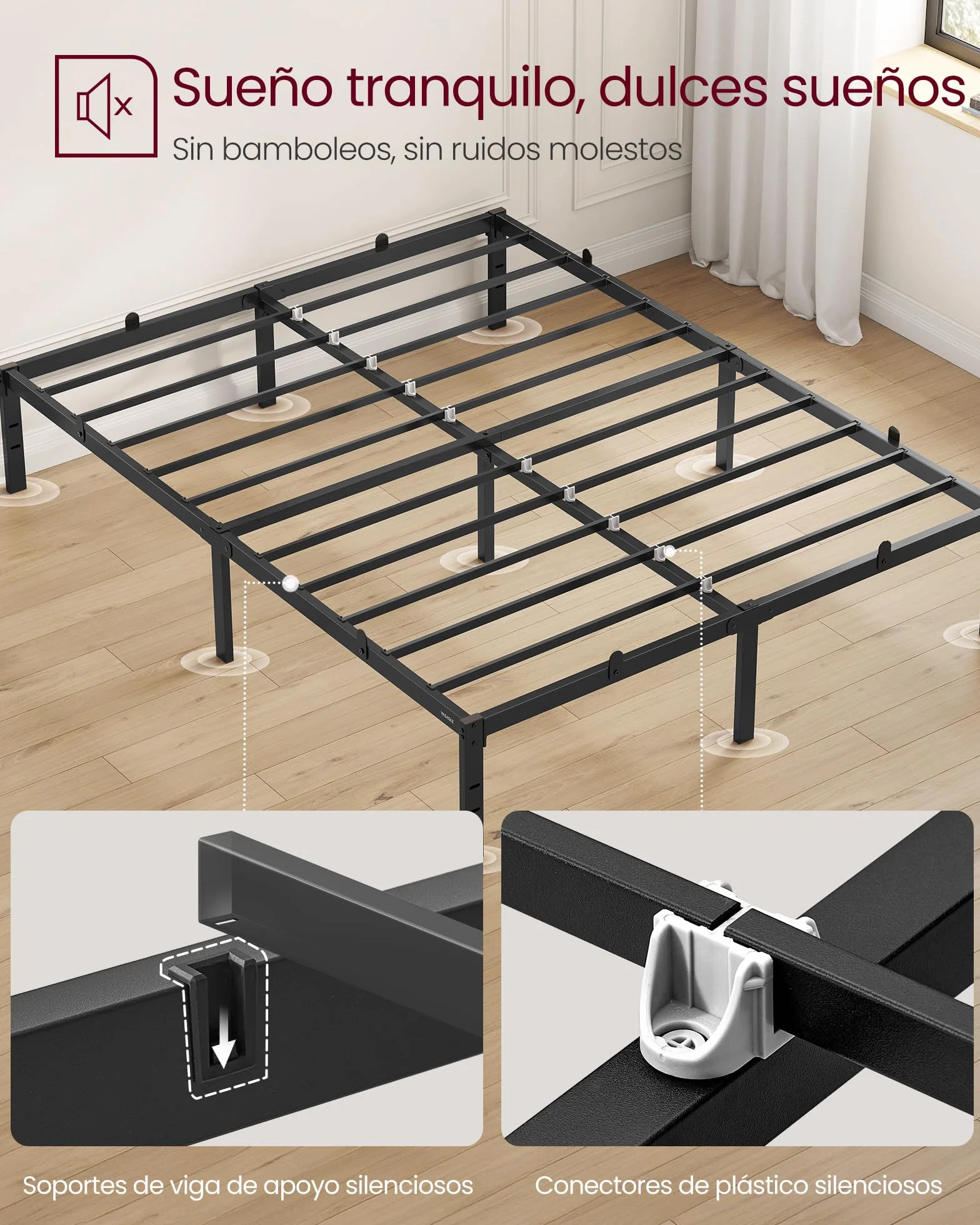 VASAGLE Marco de Cama Doble, para Colchón de 135 x 190 cm, de Metal, Organización del Espacio, Moderno, para Invitados, Fácil Montaje, Negro Tinta RMB136B01