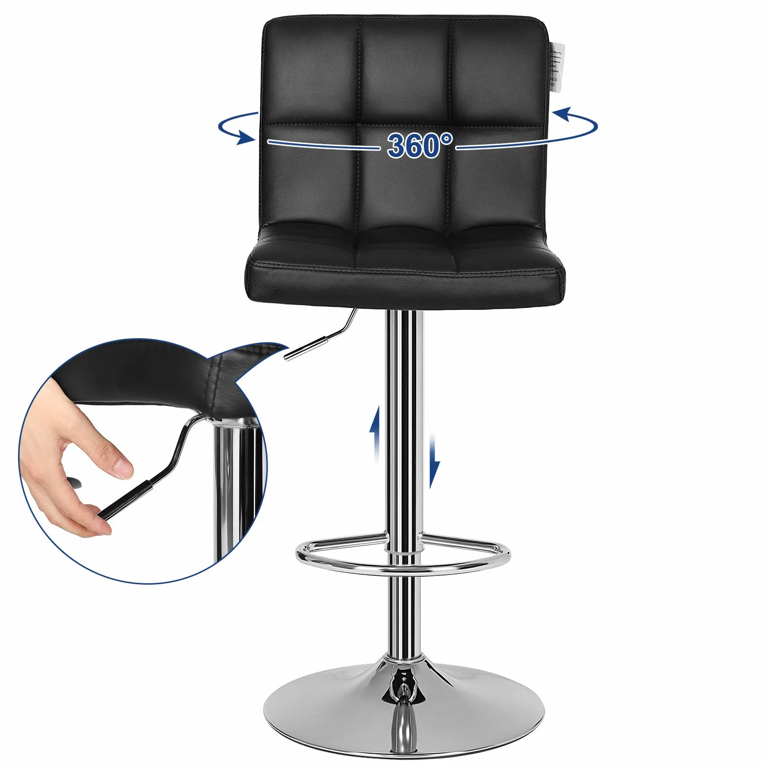 SONGMICS Taburete de Bar Juego de 2, Sillas Regulables Altura, Piel Sintética, Giratorio 360°, Respaldo, Reposapiés, Acero Cromado Negro LJB64B