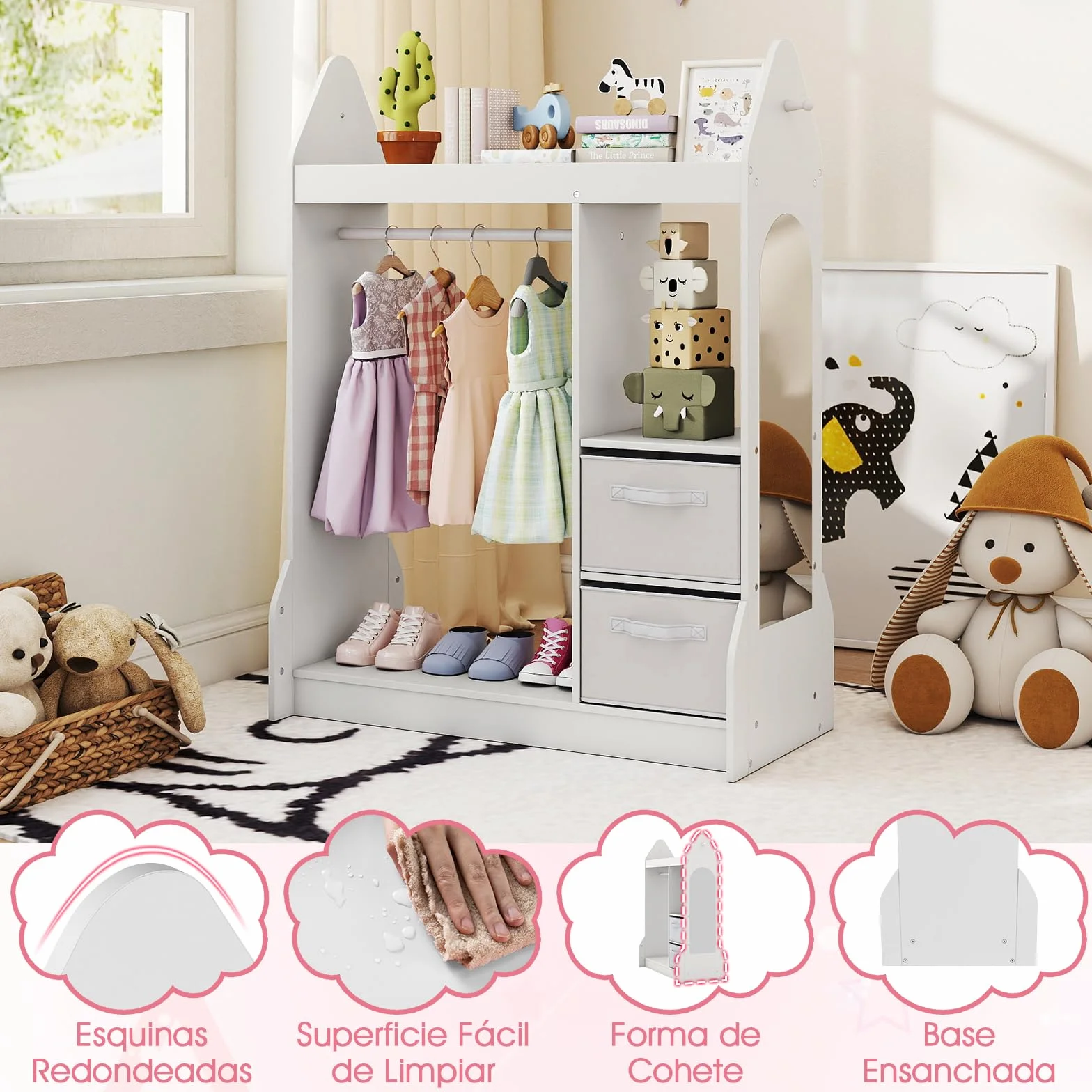 COSTWAY Armario de Almacenamiento Infantil con Espejo Acrílico y Perchero, Blanco