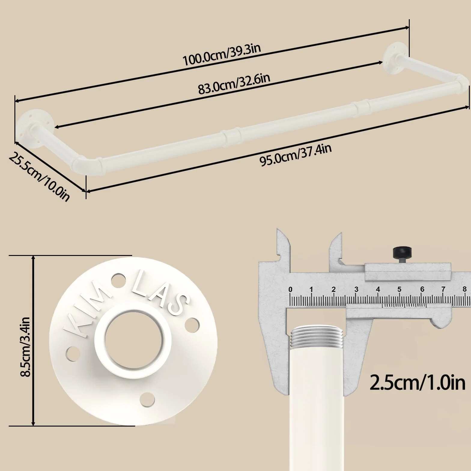 Perchero de Pared Industrial 100cm Barra para Ropa Metal, Beige